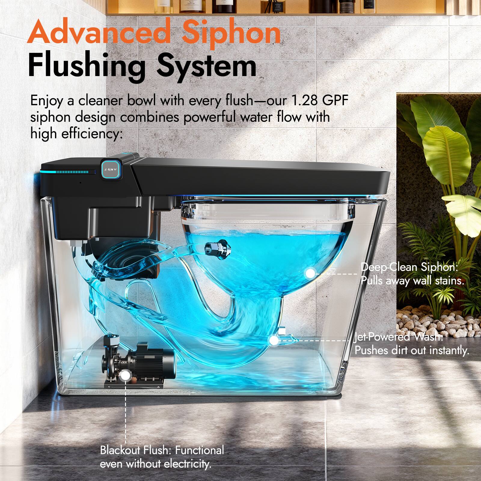 Advanced Siphon Flushing System

Enjoy a cleaner bowl with every flush—our 1.28 GPF siphon design combines powerful water flow with high efficiency:

- Deep-Clean Siphon: Pulls away wall stains.
- Jet-Powered Wash: Pushes dirt out instantly.
- Blackout Flush: Functional even without electricity.