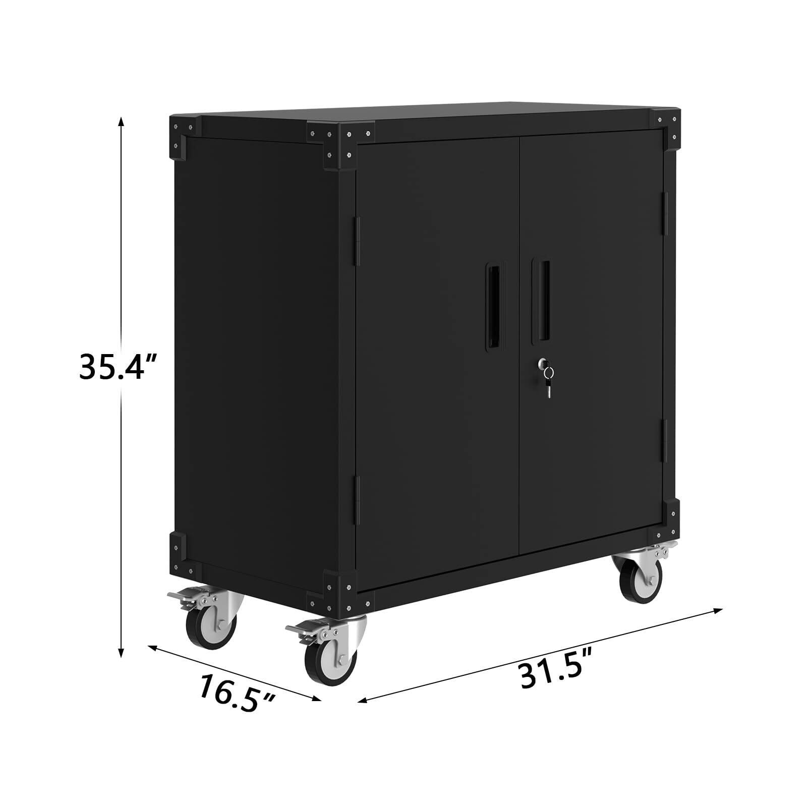 Alt View 1. Acekool - Metal Garage Storage Cabinet with Wheels & Lock, 35.4 x 31.5 x 16.5 in Rolling Cabinet with Adjustable Shelves - Black.