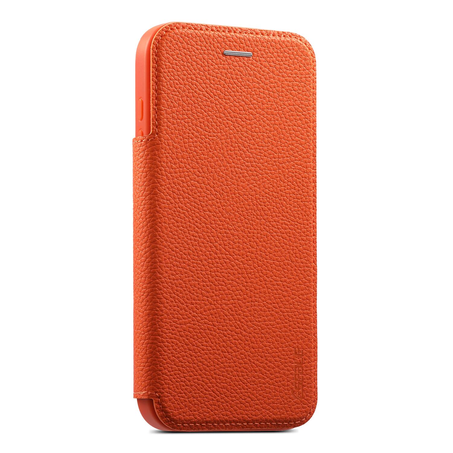 Back. Dteck - Ultra-Thin Faux Leather Card Slot Case for Apple iPhone 17 Pro Max,Wireless Charging,Flip Card Pocket Phone Cover - Orange.