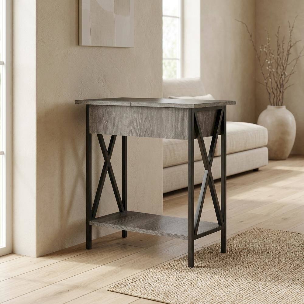 Alt View 2. FurniFact - Glass Finish Flip Top Table with Compact Design for Living Room Use - Weathered Gray.
