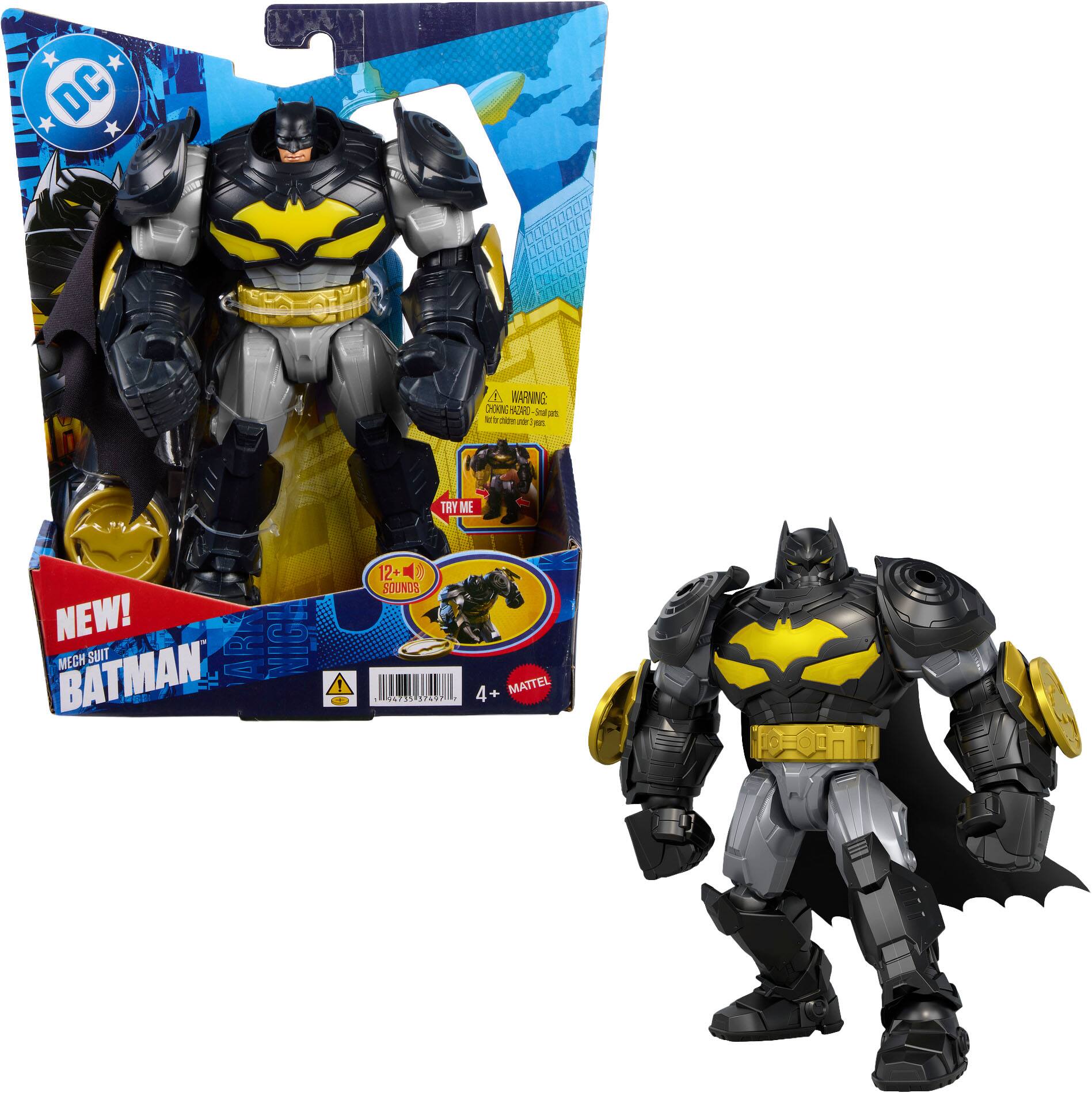 DC  
A WARNING: CHOKING HAZARD Small parts. Not for children under 3 years.  
NEW!  
MECH SUIT BATMAN  
TRY ME  
12+ SOUNDS  
4+  
MATTEL  
2 94735