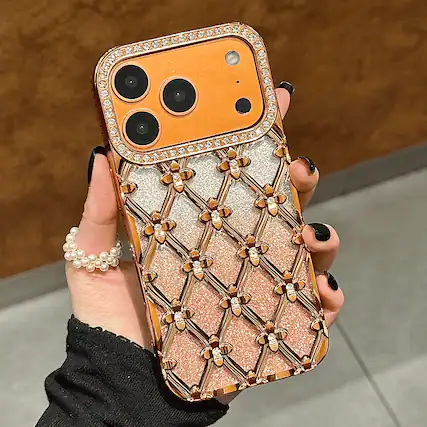 Front. UUCOVER - Luxury Electroplated Bling Glitter Case for Apple iPhone 18 Pro Max, Shockproof Sparkle Rhinestone Diamond Flower Cover - Orange.