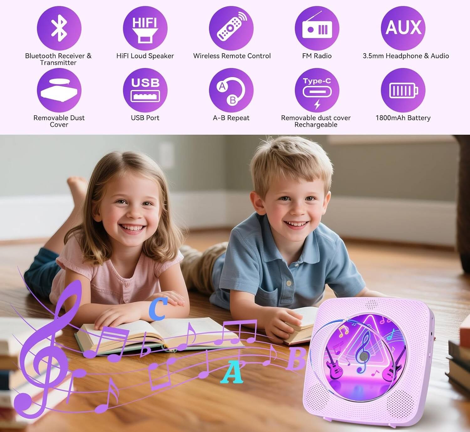 HIFI AUX Bluetooth Receiver & Transmitter  
HiFI Loud Speaker  
Wireless Remote Control  
FM Radio  
3.5mm Headphone & Audio  
USB  
A-B Repeat  
Removable Dust Cover  
USB Port  
Type-C  
1800mAh Battery  
Removable dust cover Rechargeable