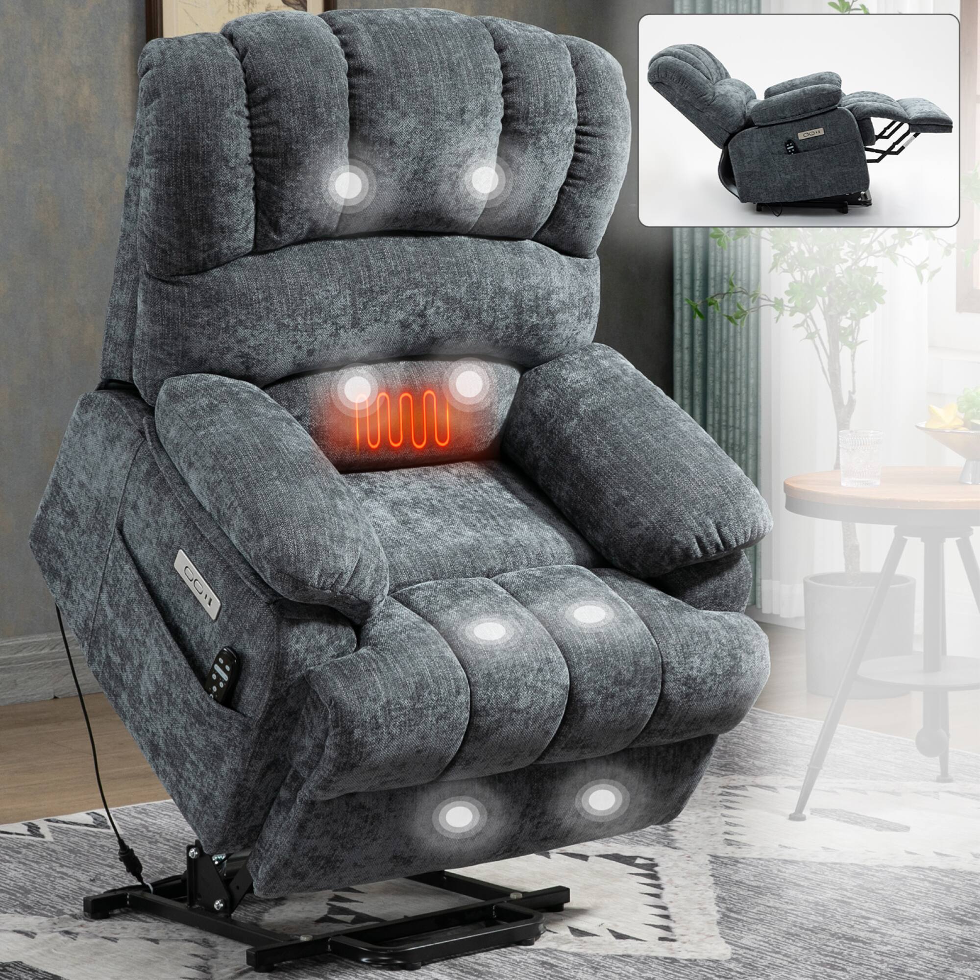 Alt View 6. GOODSILO - Extra Large Power Lift Recliner Chair with Massage, Heating, and USB Charging - Blue+Gray.