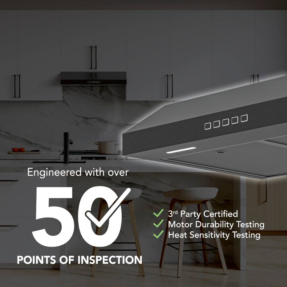 The text on the image reads: "Engineered with over 50 3rd Party Certified Motor Durability Testing, Heat Sensitivity Testing, and 3rd Party Certified Motor Durability Testing. 50 Points of Inspection."
