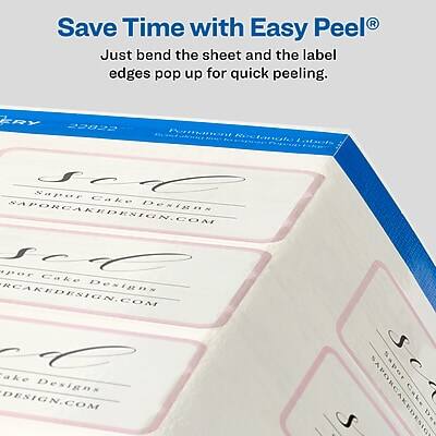 Save Time with Easy Peel®  
Just bend the sheet and the label edges pop up for quick peeling.

KRY  
22022  
Sapor Cake Designs  
SAPORCAKEDSIGN.COM

Sapor Cake Designs  
SAPORCAKEDSIGN.COM

Sapor Cake Designs  
SAPORCAKEDSIGN.COM