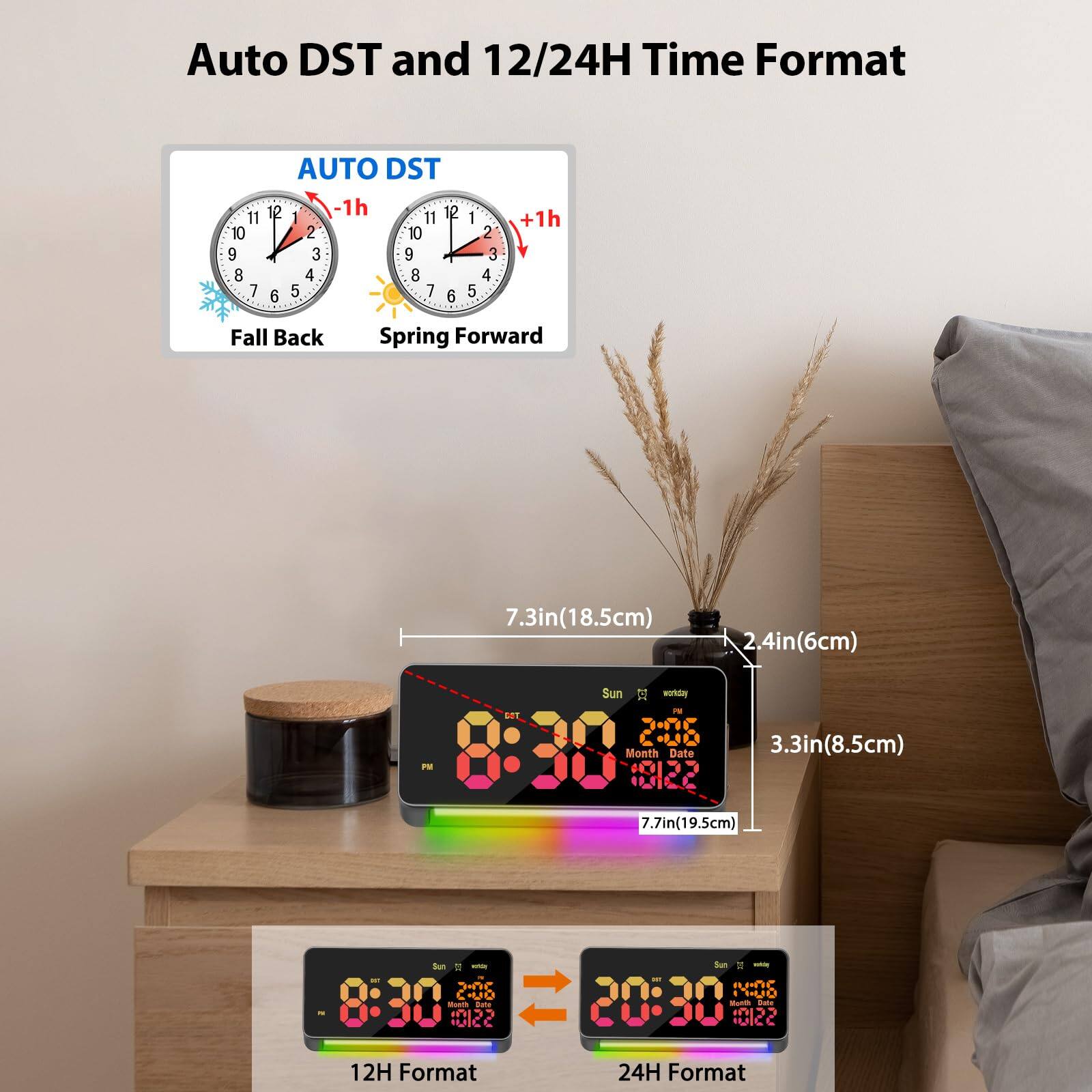 Auto DST and 12/24H Time Format

AUTO DST
-1h Fall Back
+1h Spring Forward

7.3in (18.5cm) x 2.4in (6cm) x 3.3in (8.5cm)

12H Format
Sun 12
8:30 PM
01/22

24H Format
Sun 12
20:30
01/22