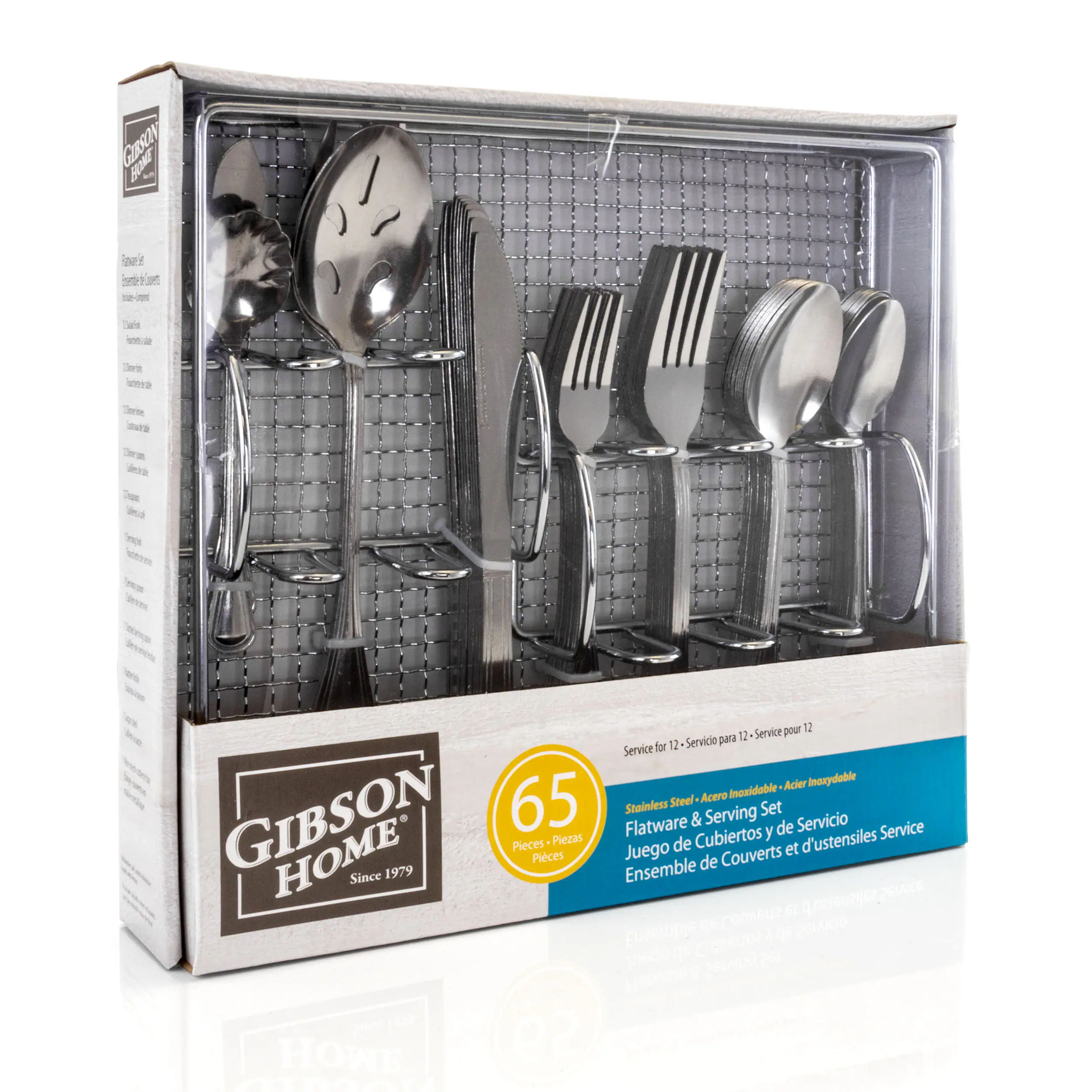 Gibson Home 65-piece Stainless Steel Flatware & Serving Set - Since 1979. Ensemble de pièces de couverture et d'ustensiles de service. Pieces de Couverts et d'ustensiles de service.