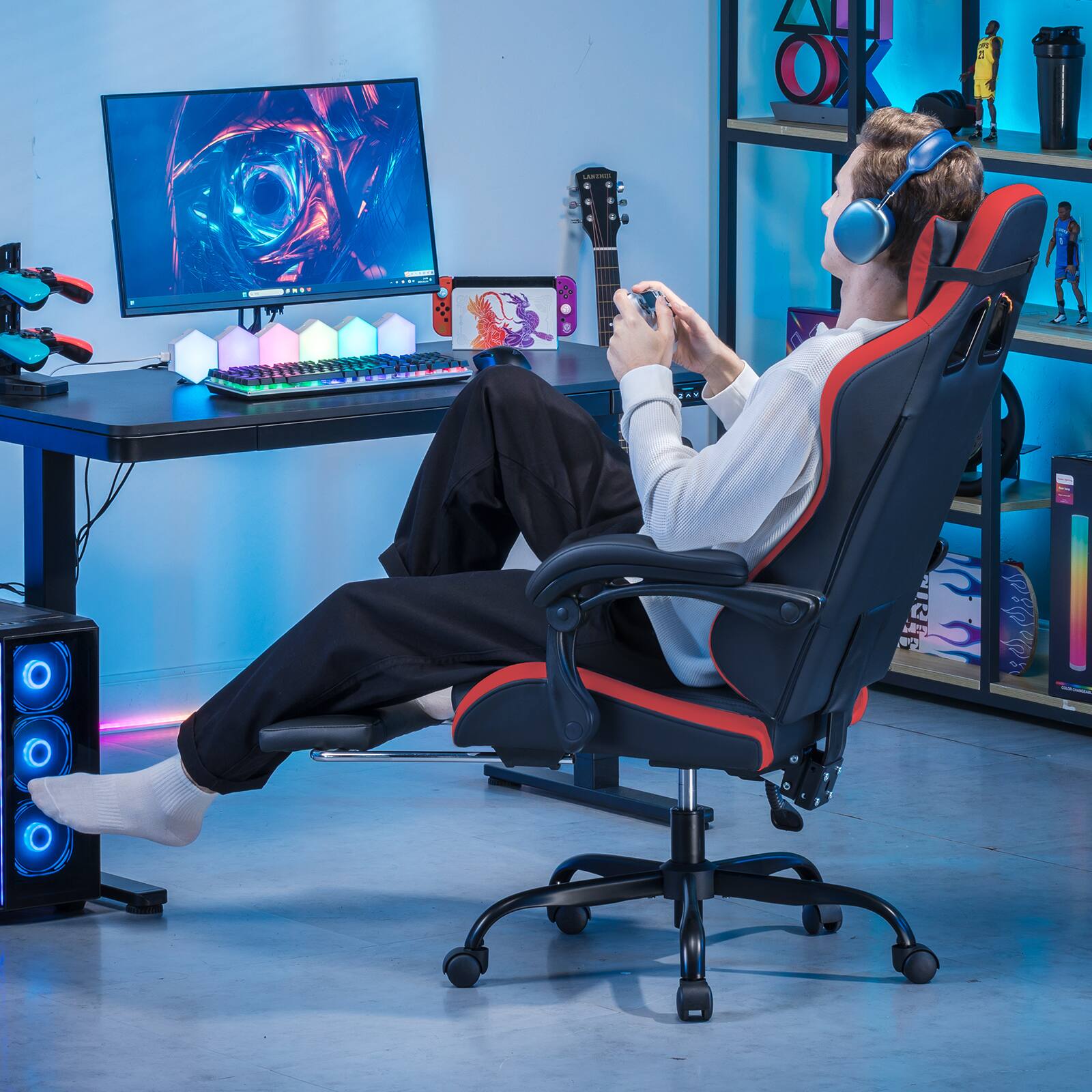 Alt View 4. GTPlayer - Gaming Chair with Footrest Ergonomic Computer Chair,Red - Red.