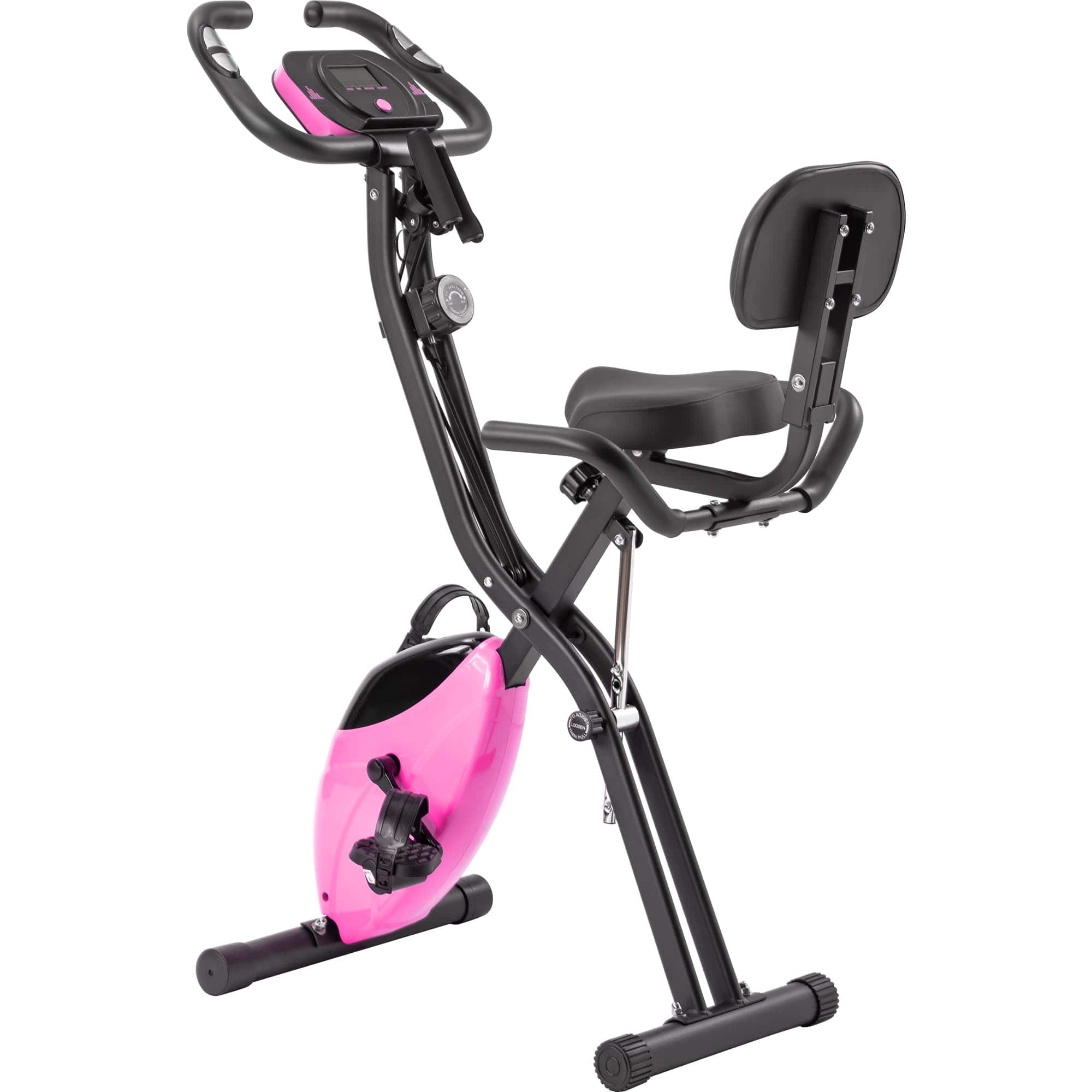 Lycvki - Folding Exercise Bike Fitness Upright and Recumbent X Bike with 16 Level Adjustable Resistance Arm Bands and Backrest - Pink