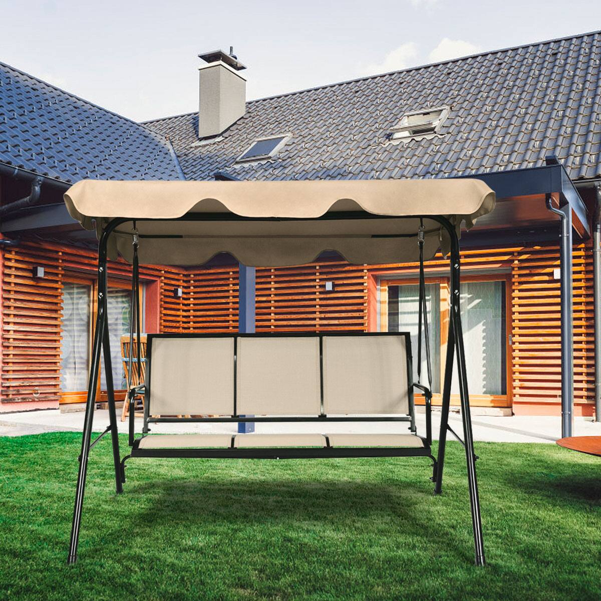 Alt View 3. Gymax - Gymax Brown Outdoor Swing Canopy Patio Swing Chair 3 Person Canopy Hammock - Brown.