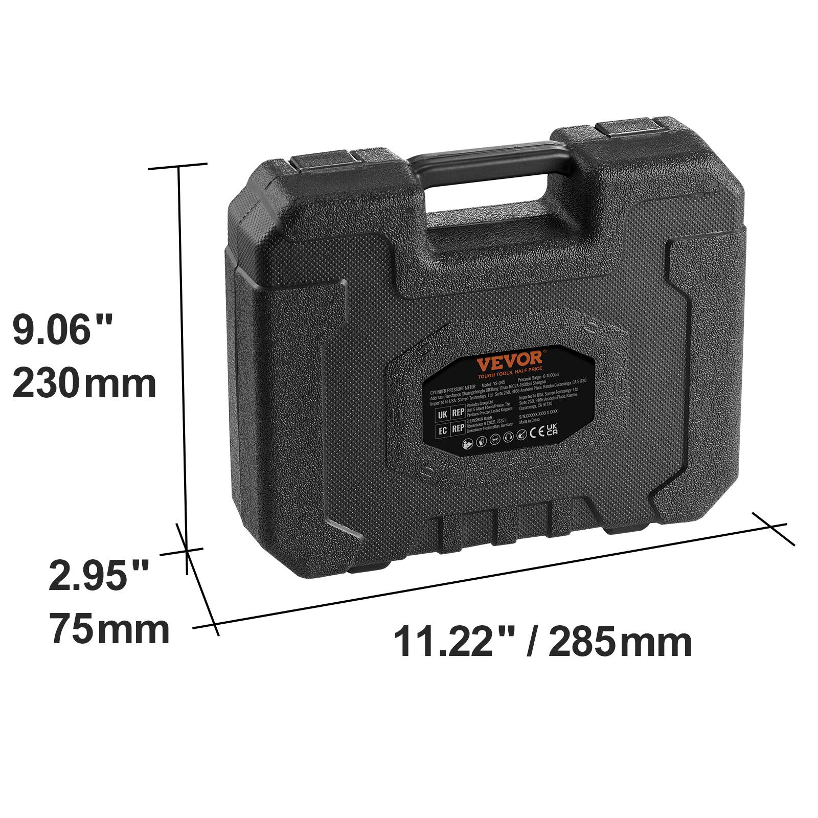 9.06" 230mm  
2.95" 75mm  
11.22" / 285mm  

VEVOR  
TOUGH TOOL BOX  

UK REP  
EC REP