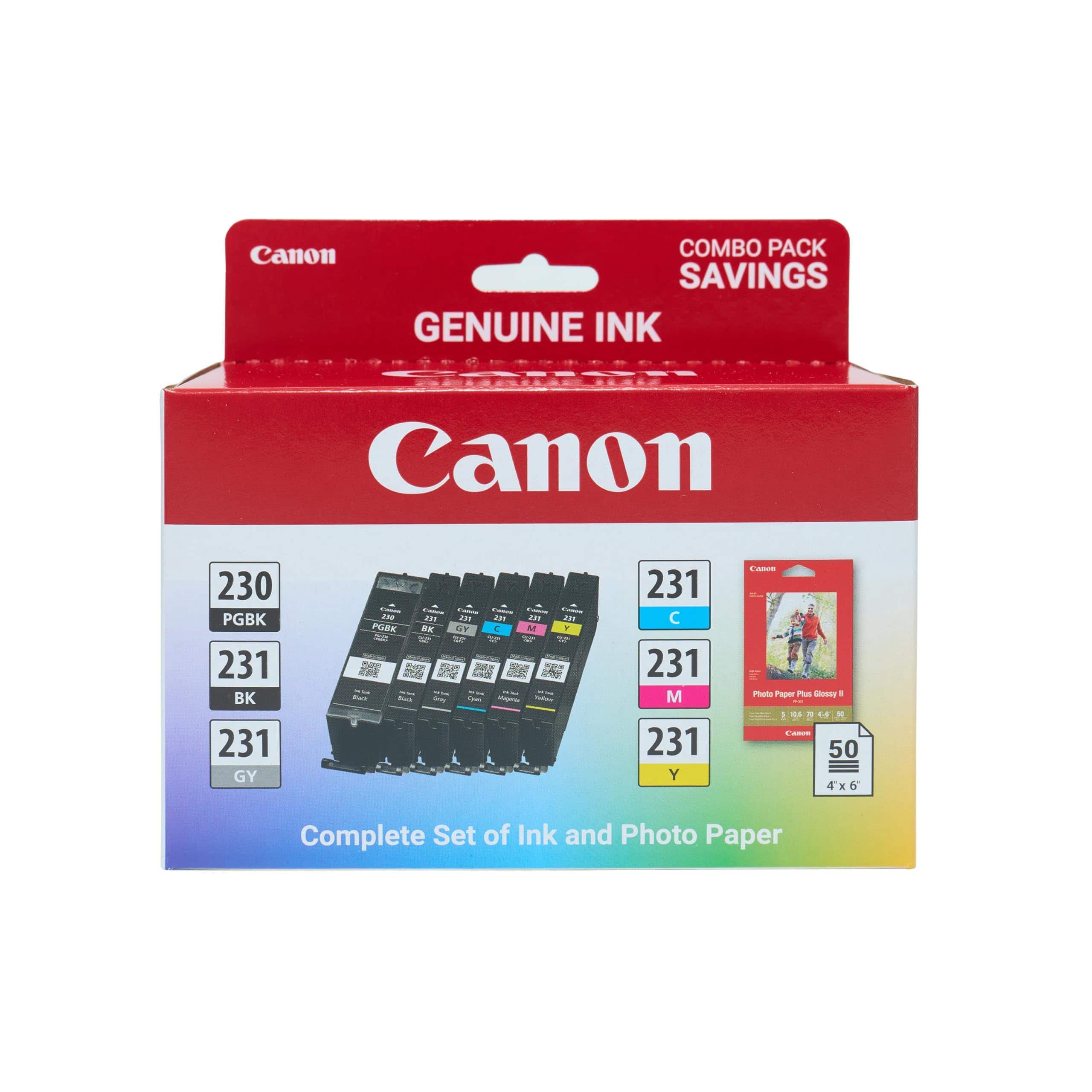 Canon COMBO PACK SAVINGS GENUINE INK Cames Canon 230 PGBK 231 K 231 GY as8 211 a81 aa 201 28 PGRK BE L . M T 12 4 L S UP 4 S P Saa - DA 20 Ada Sdk - i 231 C 231 M 231 Y L Puts Paper us Sow a 1 DA - . M - 50 4x 6 Complete Set of Ink and Photo Paper