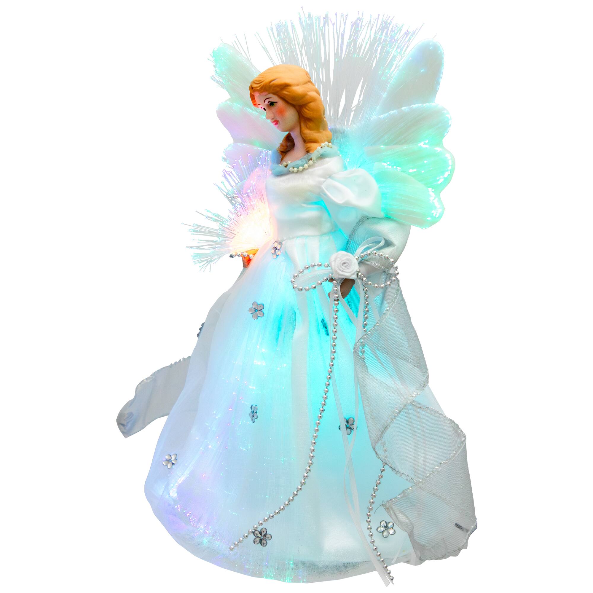 Alt View 3. Northlight - Color-changing Fiber Optic Angel with Rose Christmas Tree Topper - 12" - White - White.