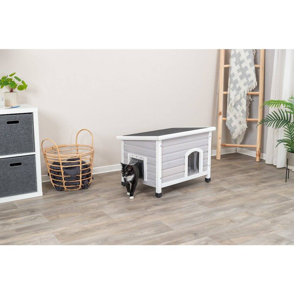 Angle. TRIXIE - Classic Elevated Weatherproof Cat House, 2 Cover Openings, Indoor-Outdoor - Gray.
