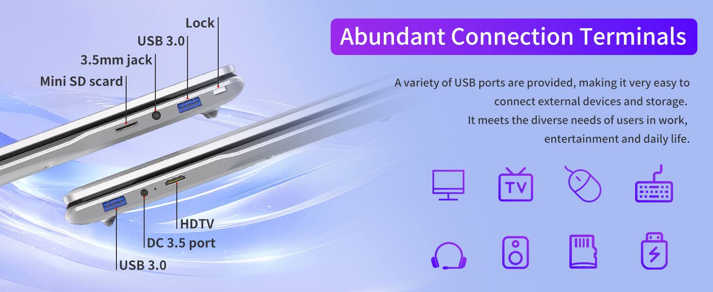 Lock USB 3.0 3.5mm jack Mini SD card Abundant Connection Terminals A variety of USB ports are provided, making it very easy to connect external devices and storage. It meets the diverse needs of users in work, entertainment and daily life. TV HDTV DC 3.5 port USB 3.0