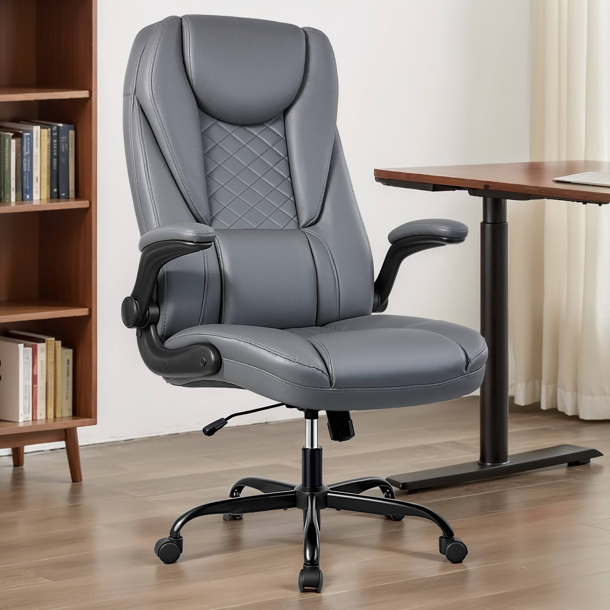 Alt View 3. KERDOM - Ergonomic PU Leather Chair with Flip-Up Arms, Executive Manager Chair, High Back Home Office Desk Chair Computer Chair - Grey.