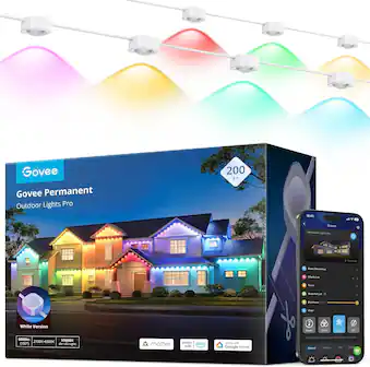 Govee Permanent Outdoor Lights Pro 200 FT
- White Version
- 6000lm (100")
- 50000H
- 2700K-6500K
Works with Alexa and Google Home
- Music DreamWave
- Effects List
- Twinkle
- SnapShot (10)
- Brightness 100%
- Mode: Music, Color, Scene, DIY
- Matter
- Works with Google Home
- Natural
- Festival
- Life
