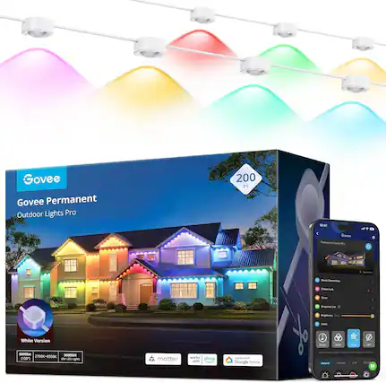 Govee Permanent Outdoor Lights Pro 200 FT
- White Version
- 6000lm (100")
- 50000H
- 2700K-6500K
Works with Alexa and Google Home
- Music DreamWave
- Effects List
- Twinkle
- SnapShot (10)
- Brightness 100%
- Mode: Music, Color, Scene, DIY
- Matter
- Works with Google Home
- Natural
- Festival
- Life