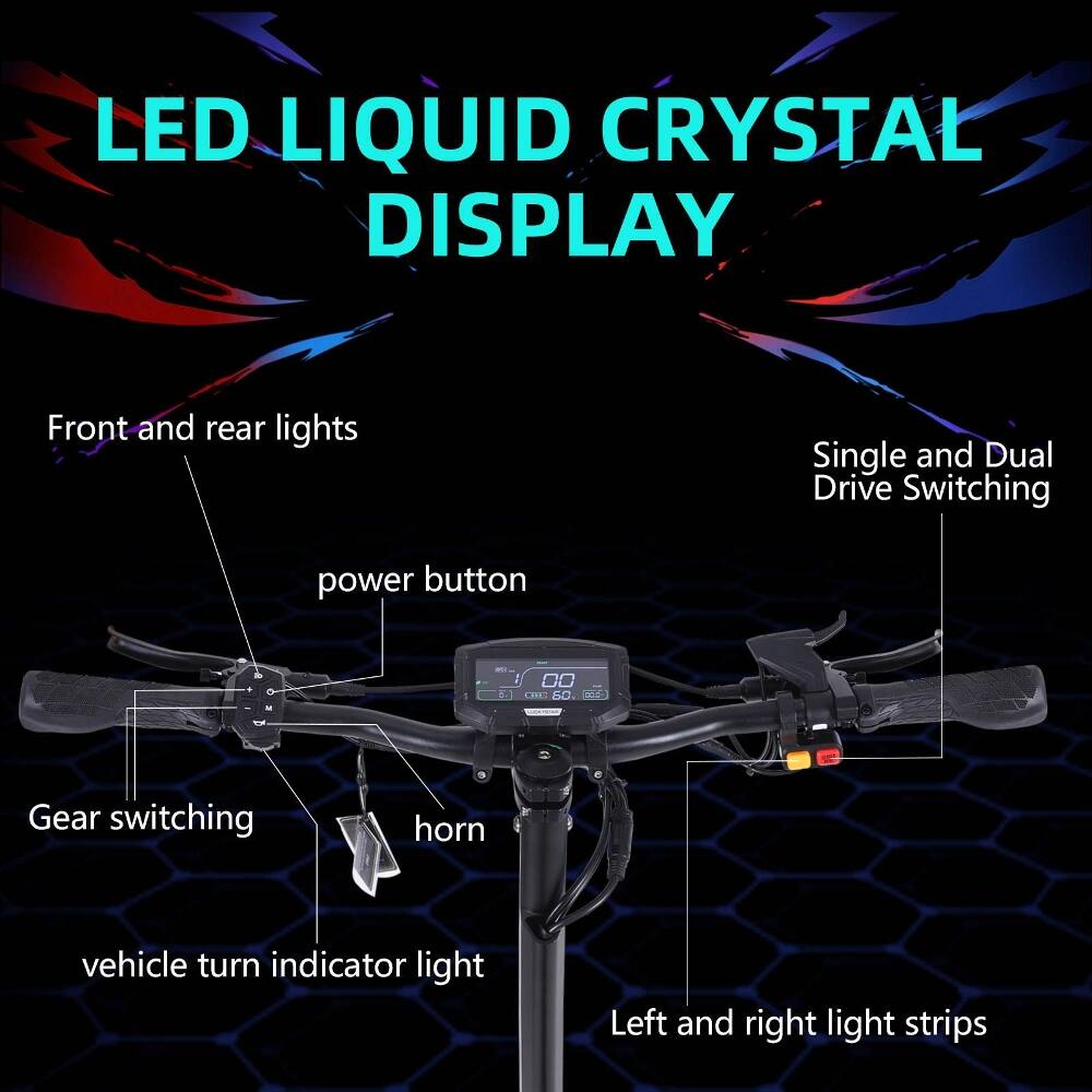 LED Liquid Crystal Display

Front and rear lights

Single and Dual Drive Switching

Power button

Gear switching

Horn

Vehicle turn indicator light

Left and right light strips