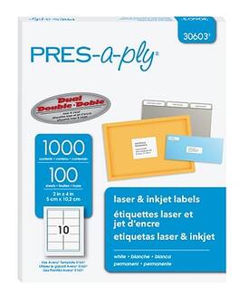 Pres-a-ply - Laser/Inkjet Shipping Labels, 2" x 4", 1,000 Labels/Box - White