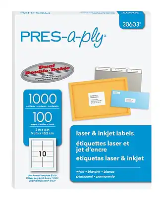 6000E 30603 PRES-a-ply Dual Double 1000 100 2 in x 4 in 5 cm x 10.2 cm 10 laser & inkjet labels étiquettes laser et jet d'encre etiquetas laser & inkjet the Stabe Used 2 thodog Avery STa3 Uva Avery $1634 while blanche blanca permanent permanento