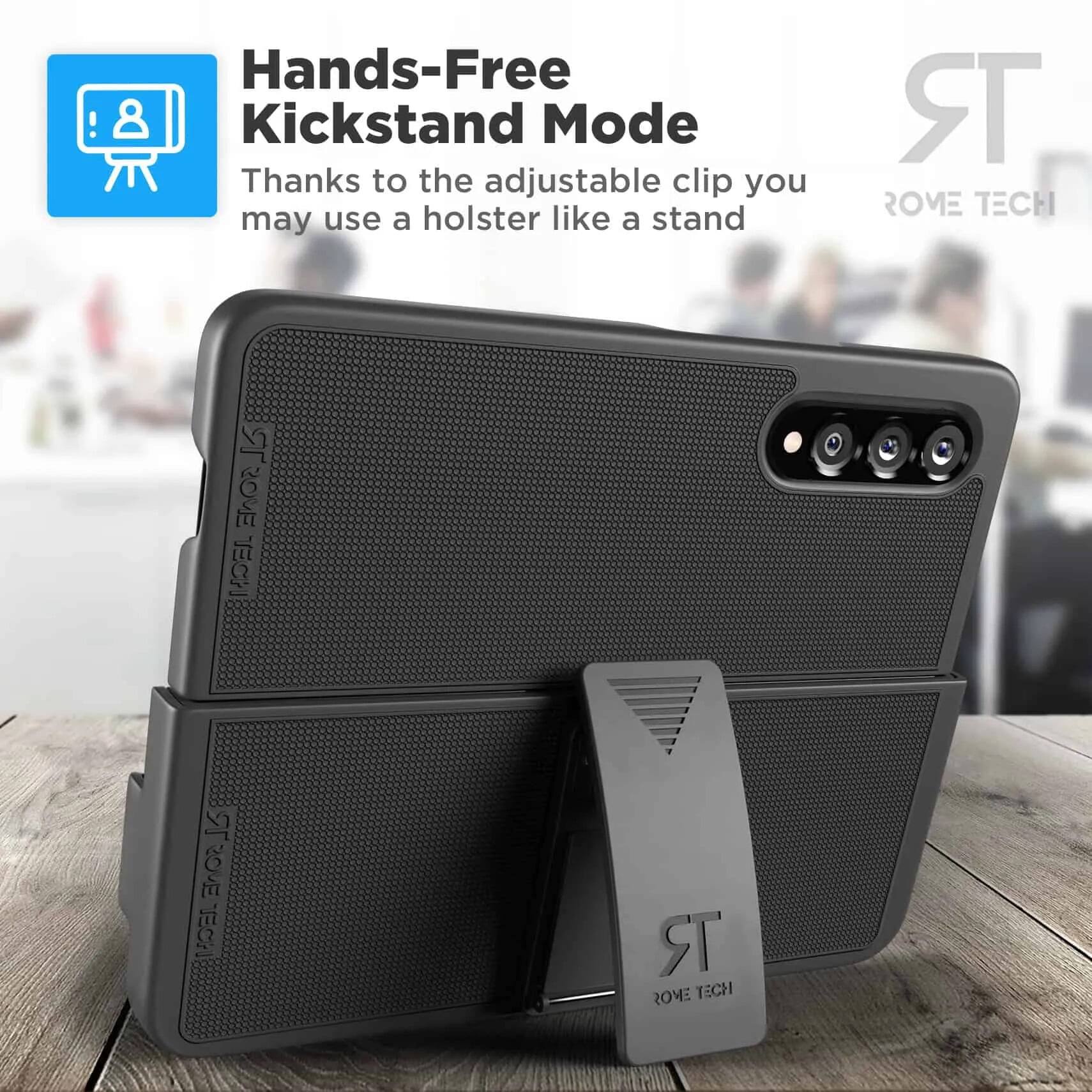 Hands-Free Kickstand Mode  
Thanks to the adjustable clip you may use a holster like a stand  

ROME TECH  
ROVE TECH 1S