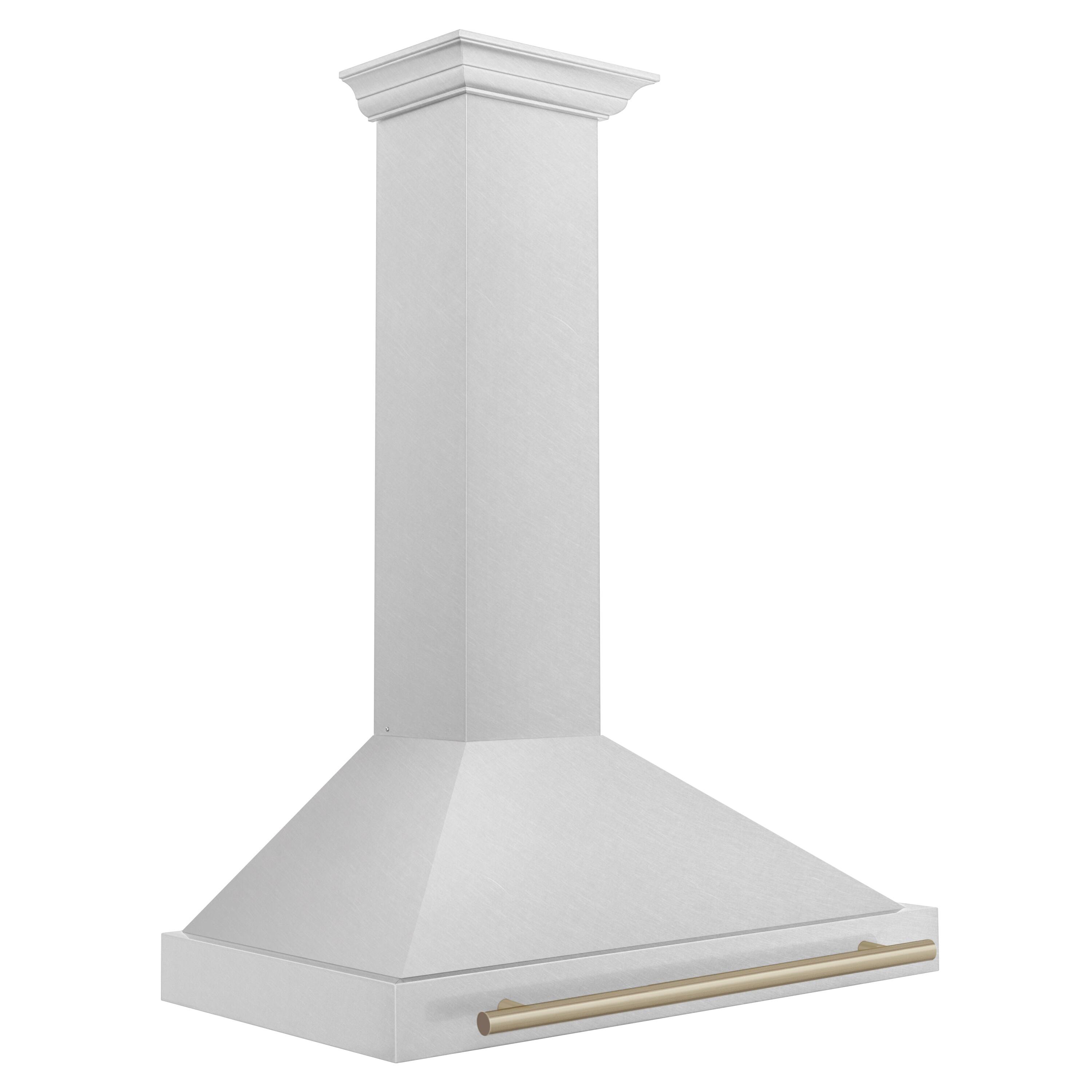 Angle. ZLINE - ZLINE Autograph Edition 36 in. Convertible Satin Stainless Steel Wall Mount Range Hood with Champagne Bronze Handle - Stainless steel.
