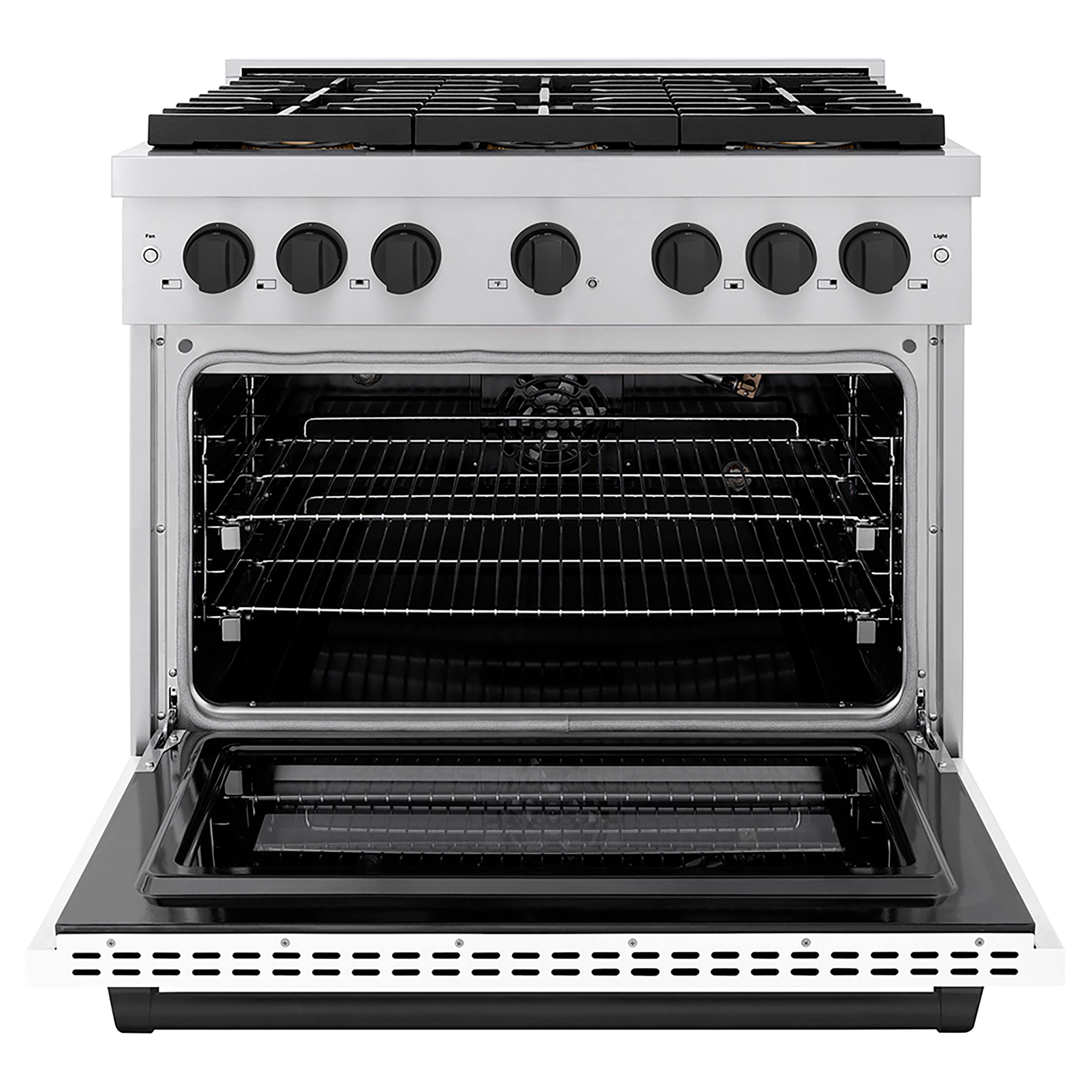 Angle. ZLINE - ZLINE Autograph 36 in. Paramount Gas Range with 6 DuoPro Burners w/ White Door & Black Accents (PSGRZ-WM-36-MB) - Stainless Steel with White Matte Door.