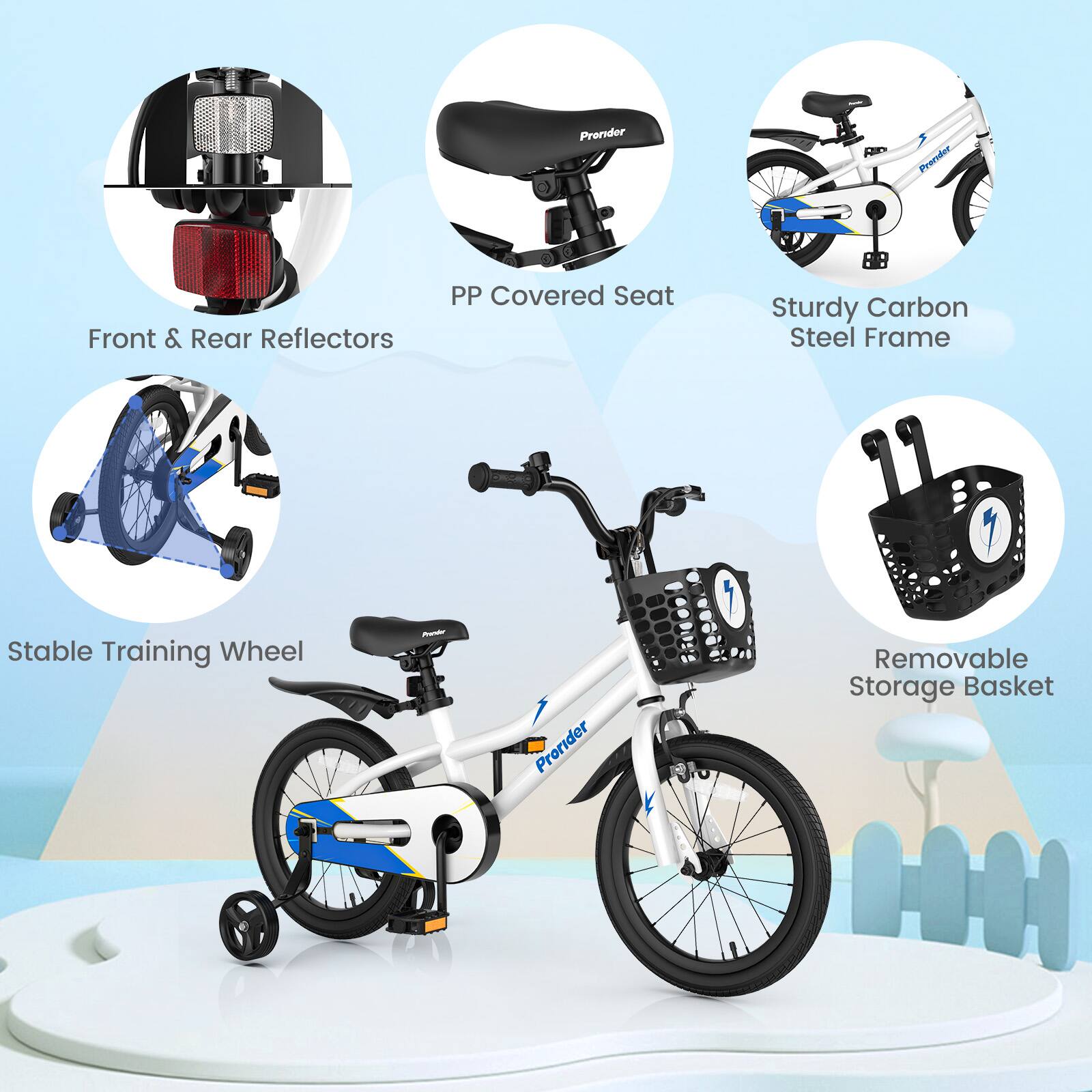 - Front & Rear Reflectors
- PP Covered Seat
- Sturdy Carbon Steel Frame
- Stable Training Wheel
- Removable Storage Basket