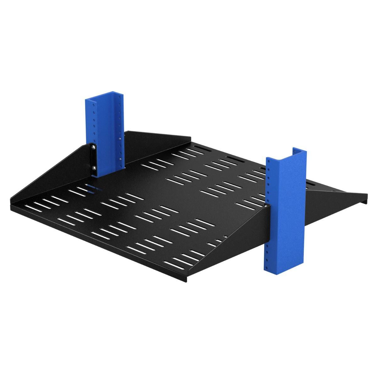 Front. RackSolutions - RackSolutions 2U 2Post Center Mount Vented Shelf 20in Depth - 150 lbs Capacity, Fits Most 2Post Racks, Flanged Down - Black.