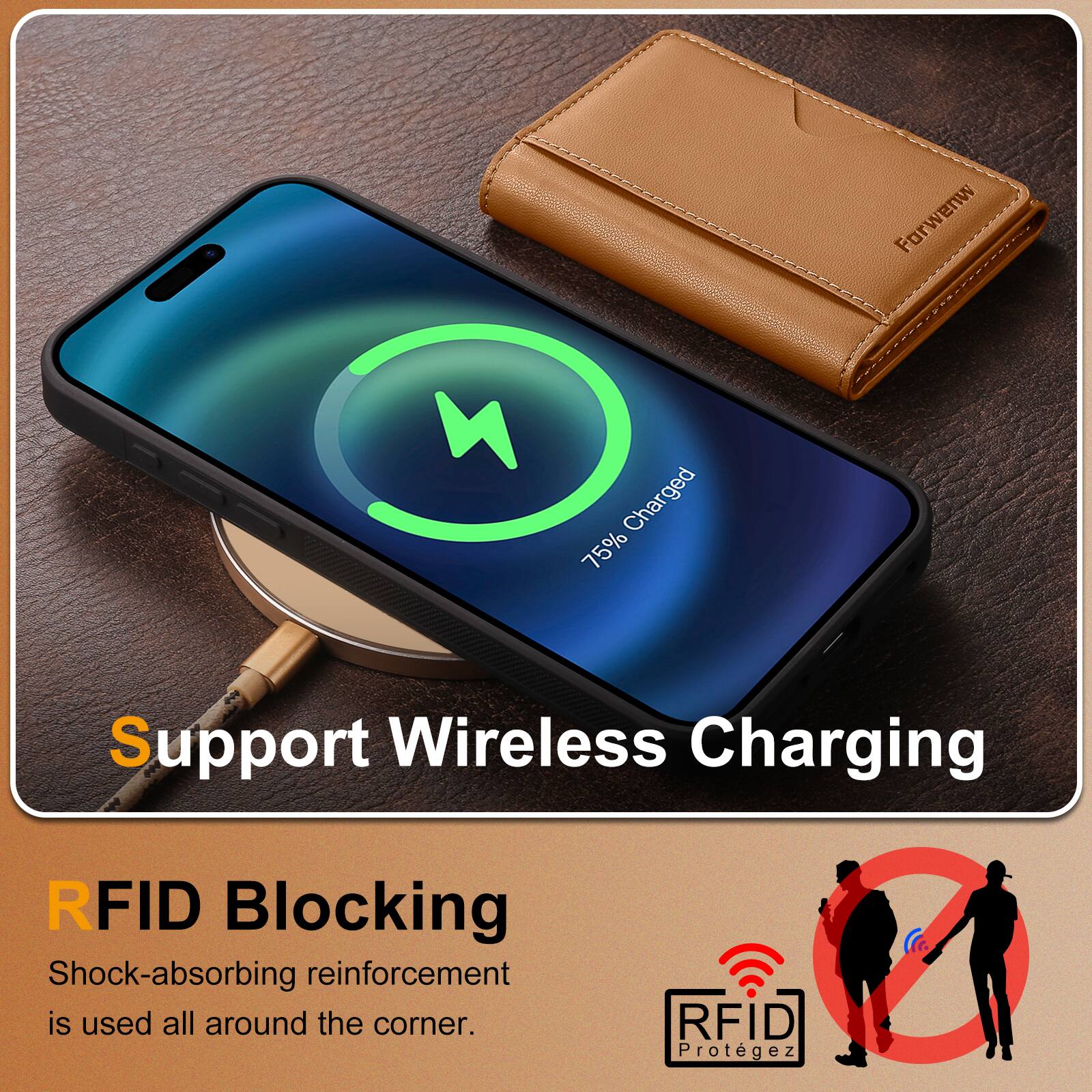 Forwenw M Charged 75% Support Wireless Charging RFID Blocking Shock-absorbing reinforcement is used all around the corner. RFID Protégez