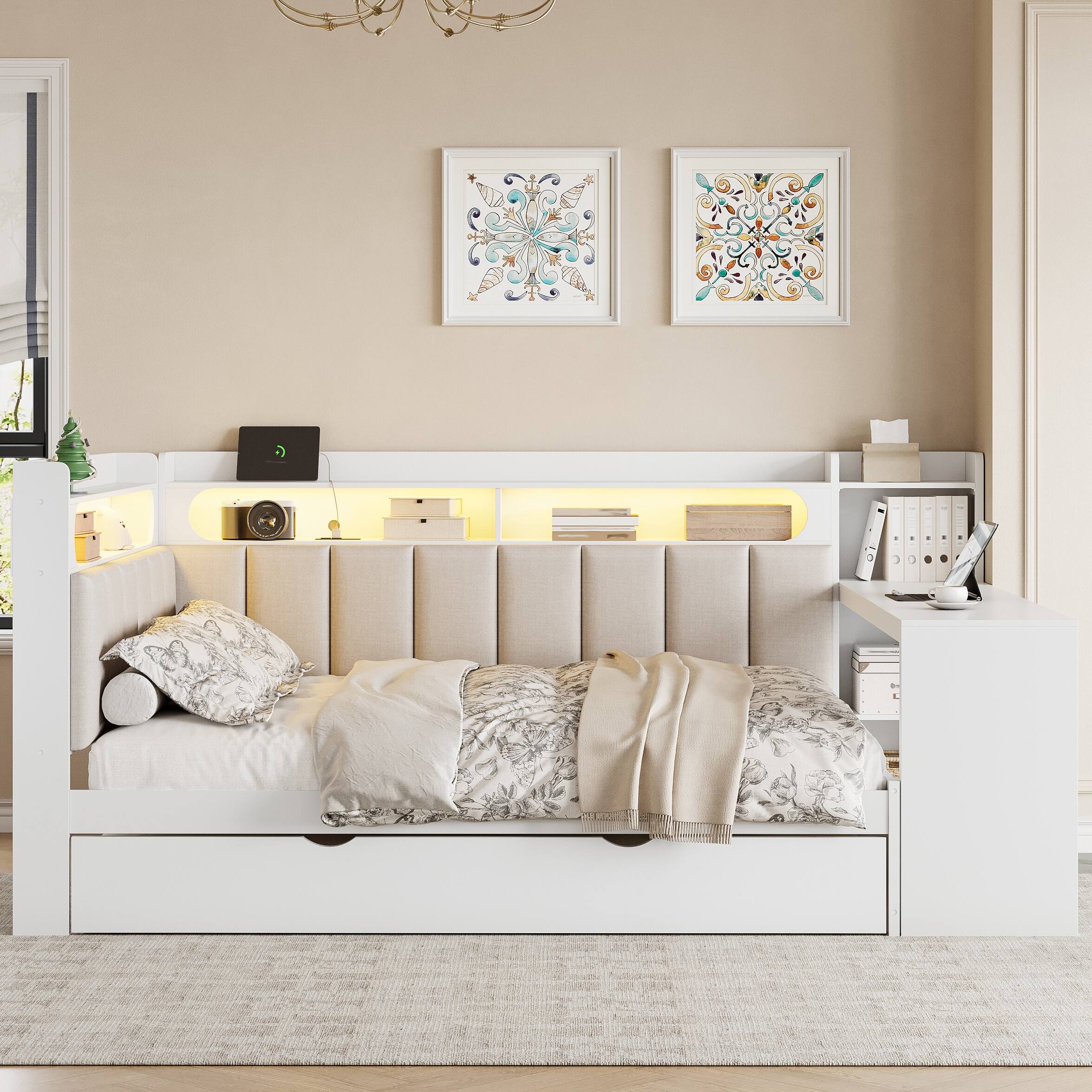 Angle. Whisen - Full-Size Daybed with Trundle, Storage Shelves, Desk, Charging Station, LED Lights & Upholstered Back - White.