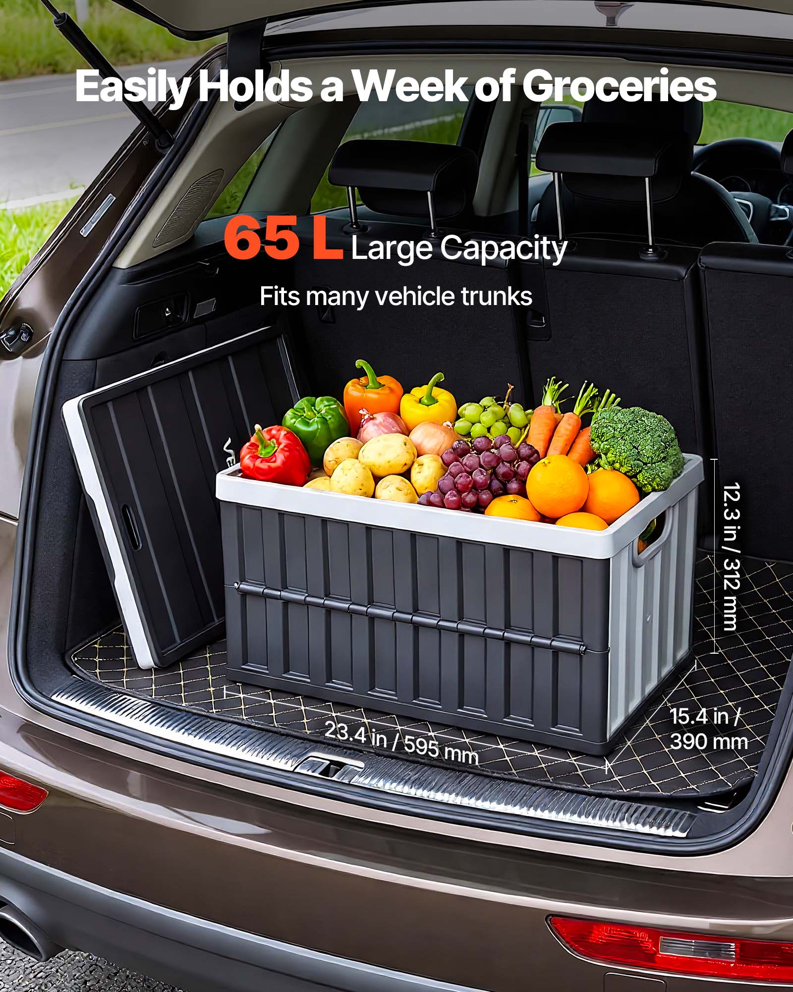 Easily Holds a Week of Groceries  
65 L Large Capacity  
Fits many vehicle trunks  

12.3 in / 312 mm  
23.4 in / 595 mm  
15.4 in / 390 mm