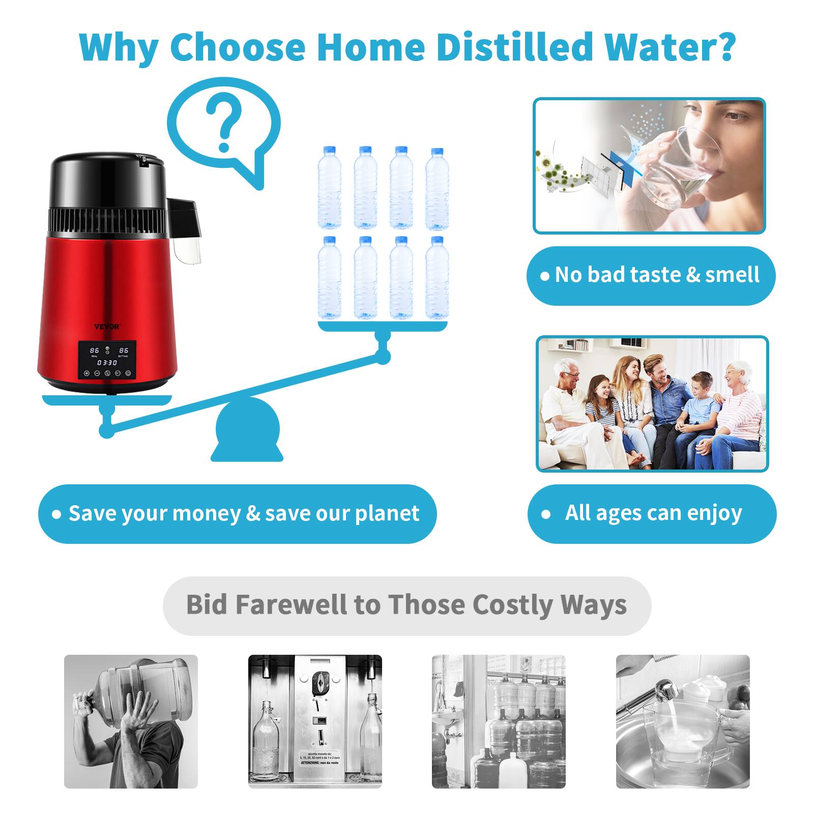 Why Choose Home Distilled Water?

- No bad taste & smell
- Save your money & save our planet
- All ages can enjoy

Bid Farewell to Those Costly Ways