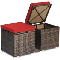 Costway 2PCS Patio Rattan Ottomans Seat Side Table Storage Box Footstool with Cushions - Red + Mix Brown - Front_Zoom