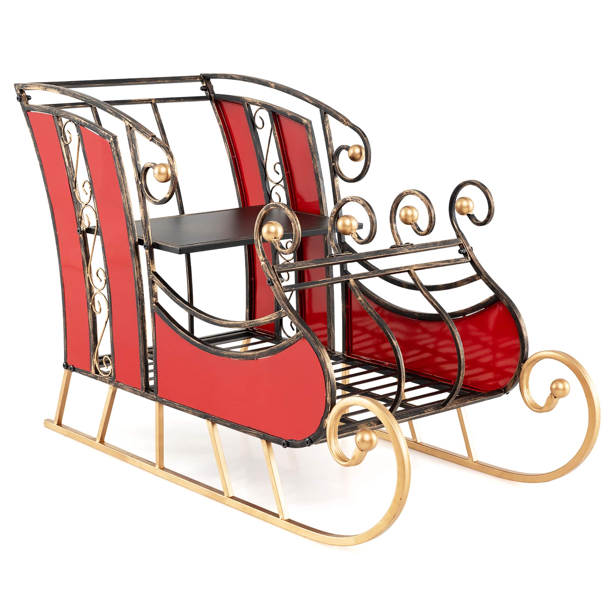 Gymax - 23''Christmas Santa Sleigh w/ 2-Tier Storage Shelf Christmas Sleigh Decoration - Red, Black, Gold