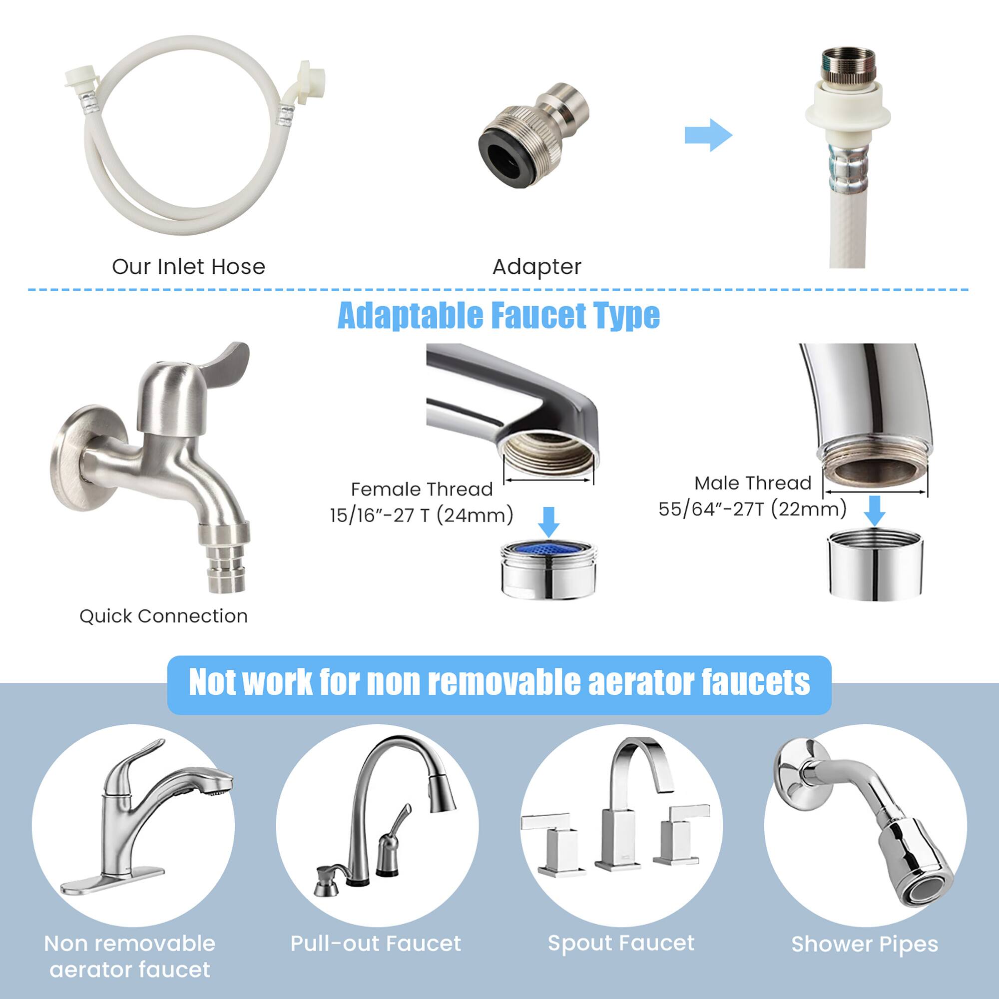 Our Inlet Hose Adapter

Adaptable Faucet Type

Female Thread 15/16"-27 T (24mm)  
Male Thread 55/64"-27 T (22mm)  
Quick Connection

Not work for non removable aerator faucets

Non removable aerator faucet  
Pull-out Faucet  
Spout Faucet  
Shower Pipes