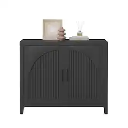 Bestier - 60" Curved Fluted TV Stand, Double Door Media Console with Adjustable Shelves & Cable Management for Living Room - Black Grained