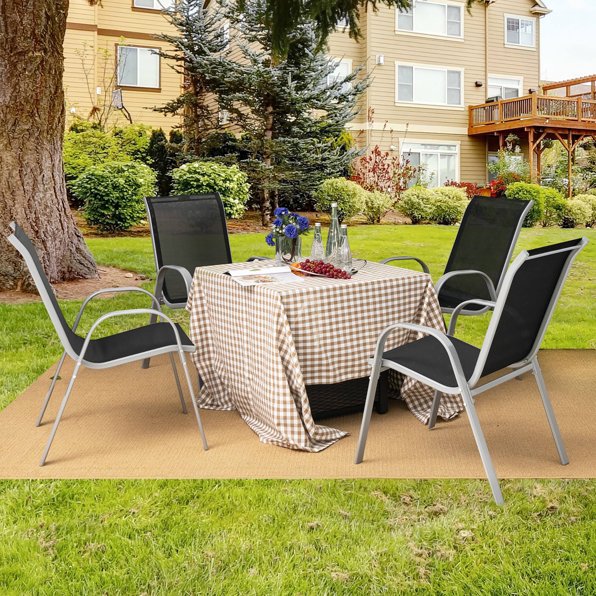 Alt View 8. Gymax - Gymax 4PCS Patio Stacking Dining Chairs w/ Curved Armrests & Breathable Seat Fabric - Black.