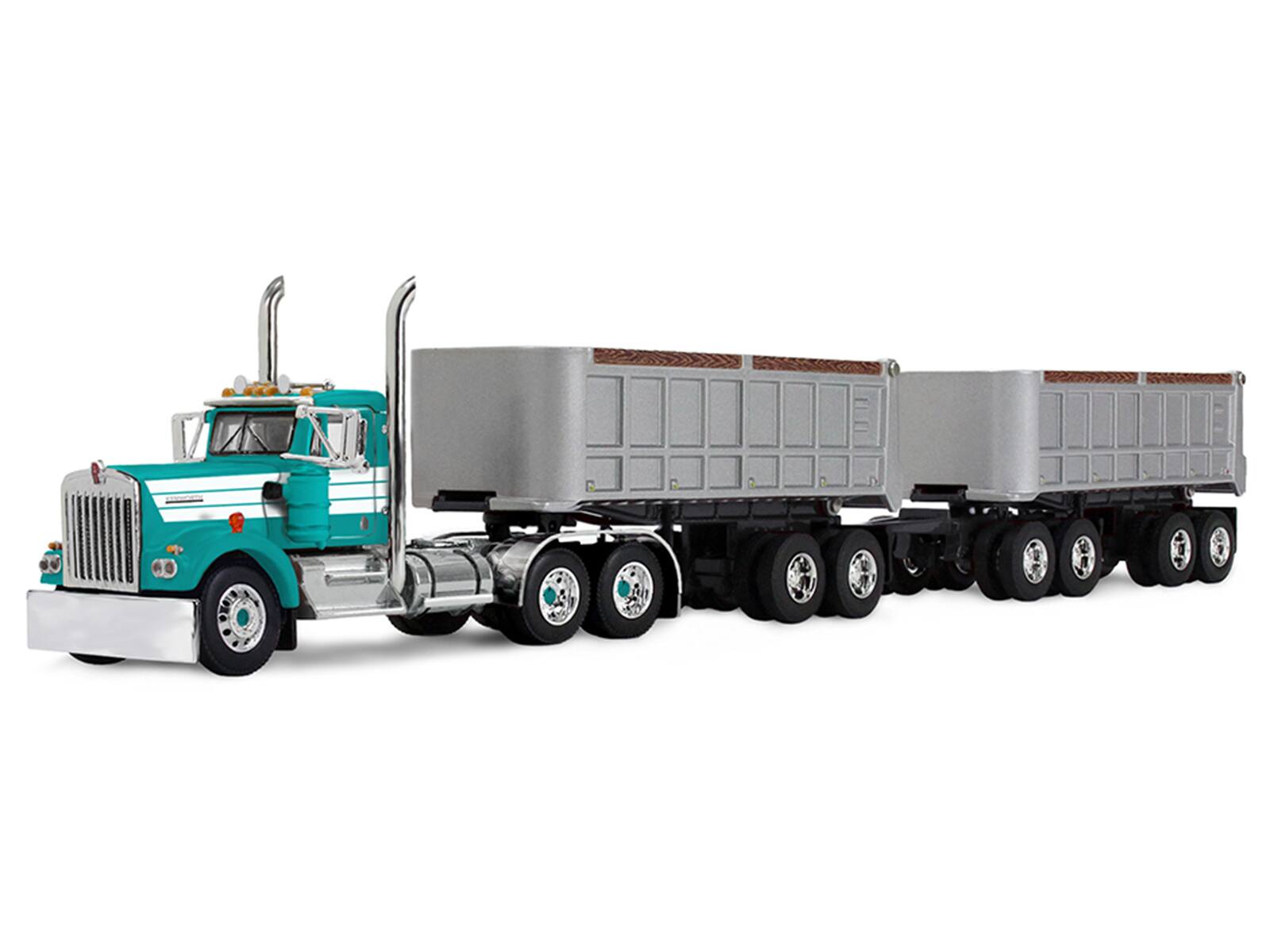 Alt View 4. First Gear - Kenworth W900A Day Cab with 22' Dual End Dump Trailers Turquoise with White Stripes 1/64 Diecast Model by DCP/First Gear.