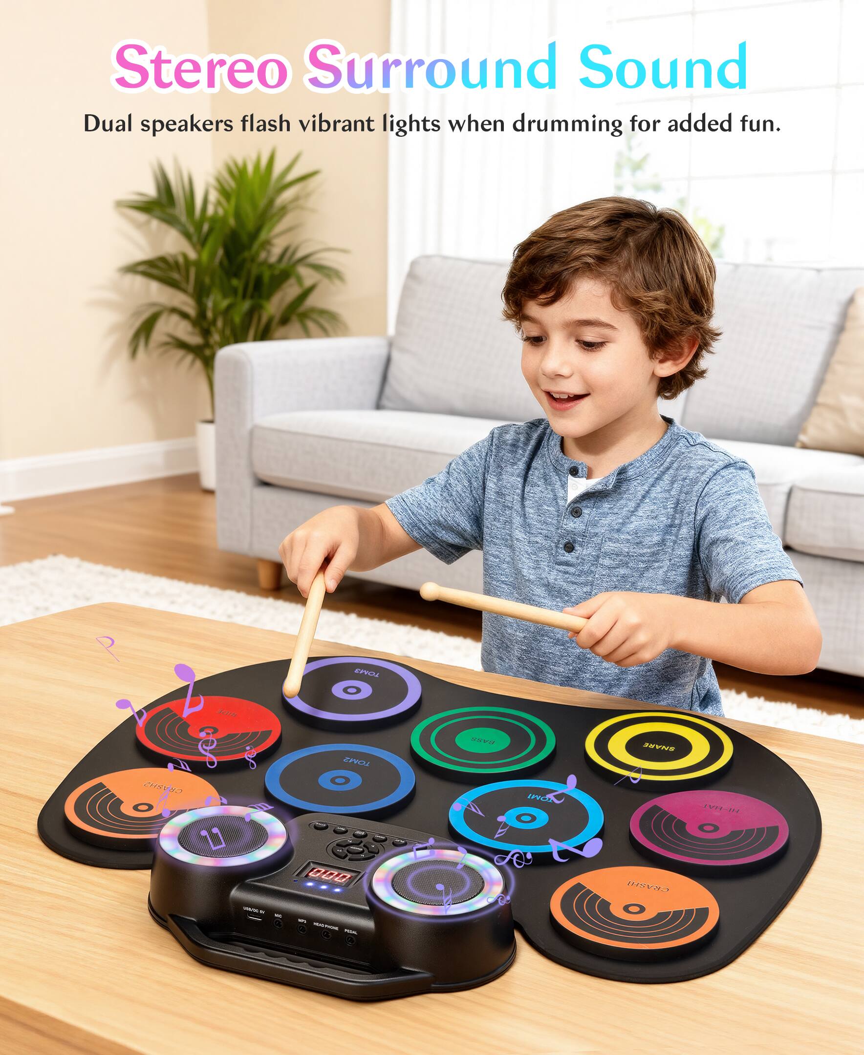 Angle. Sugift - Colorful Roll-Up Electronic Drum Set with Flashing Lights, Dual Speakers & Headphone Jack for Kids - Black.
