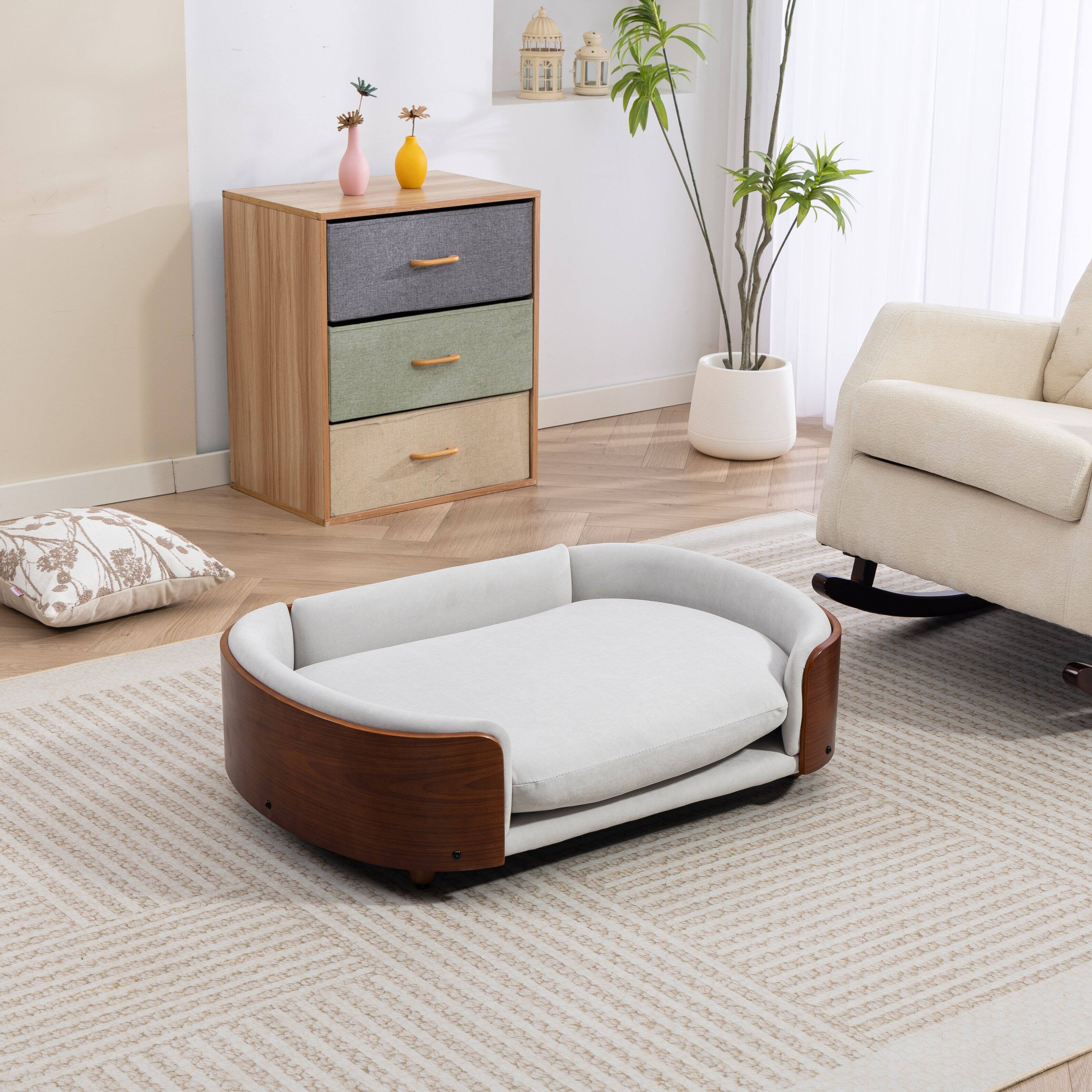 Alt View 1. Siljoy - Large Light Gray Velvet Pet Sofa, Scandinavian Elevated Dog Bed with Solid Walnut Legs & Bent Back - Light Gray.