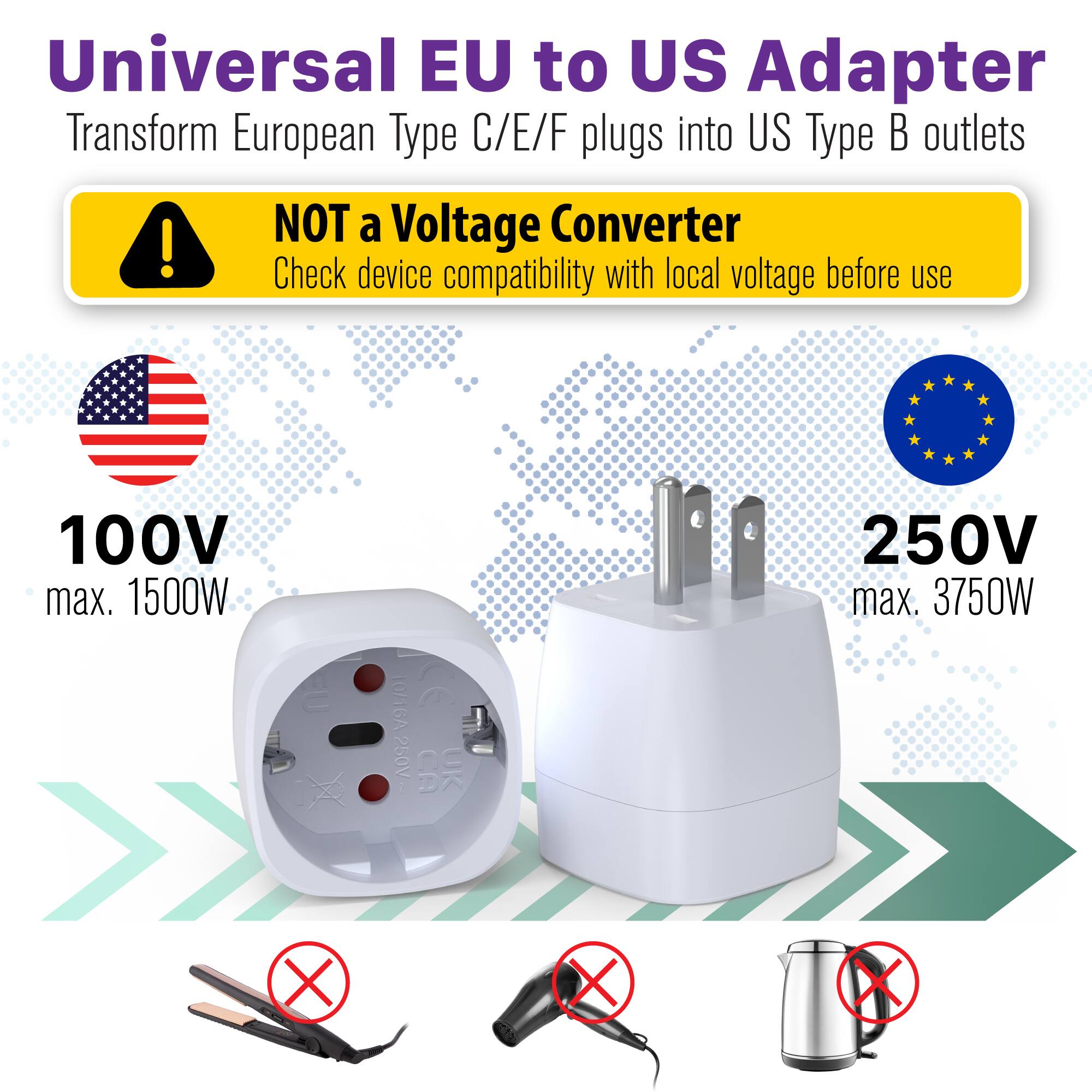 Universal EU to US Adapter  
Transform European Type C/E/F plugs into US Type B outlets  

NOT a Voltage Converter  
Check device compatibility with local voltage before use  

100V max. 1500W  
250V max. 3750W  

U 10/16A 250V B UK X X X