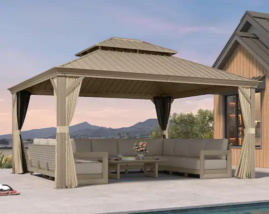 Front. PURPLE LEAF - 13' X 15' Hardtop Outdoor Aluminum Champagne Gazebo with Galvanized Steel Double Roof with Netting and Curtains - 13' X 15'.