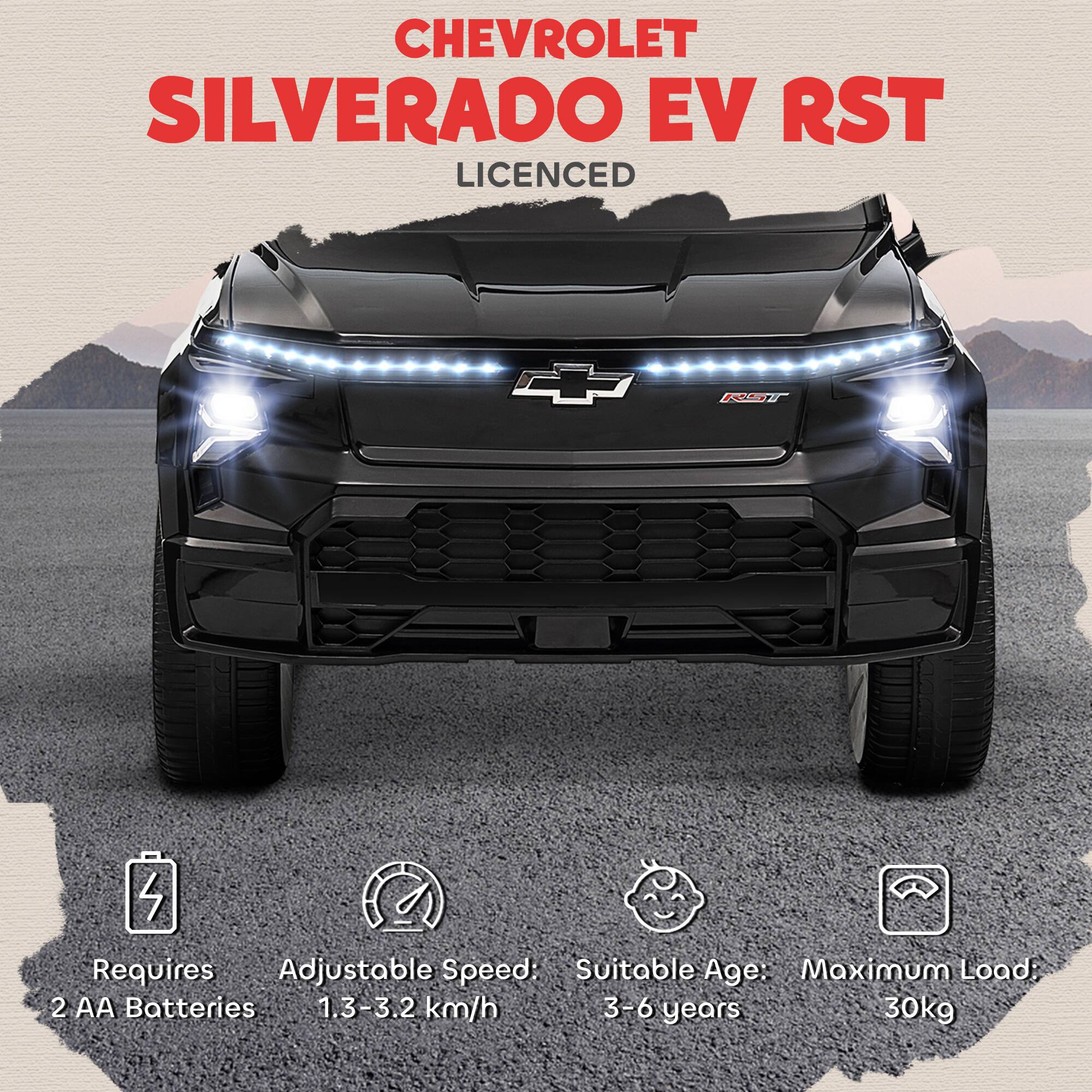 CHEVROLET SILVERADO EV RST  
LICENCED  

Requires: 2 AA Batteries  
Adjustable Speed: 1.3-3.2 km/h  
Suitable Age: 3-6 years  
Maximum Load: 30kg