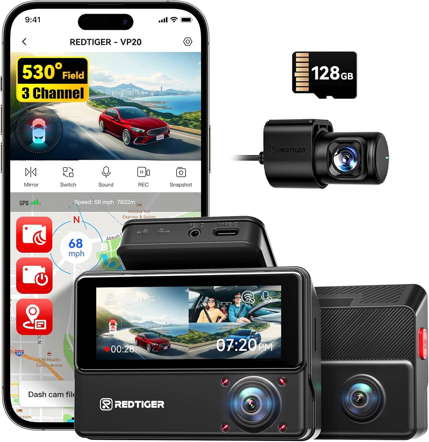 REDTIGER - RTVP20TL 530° All-Round Dash Cam, 2.5K+2.5K+1080P Front Rear and Inside Triple Car, 128GB Card, Touch Screen - Black