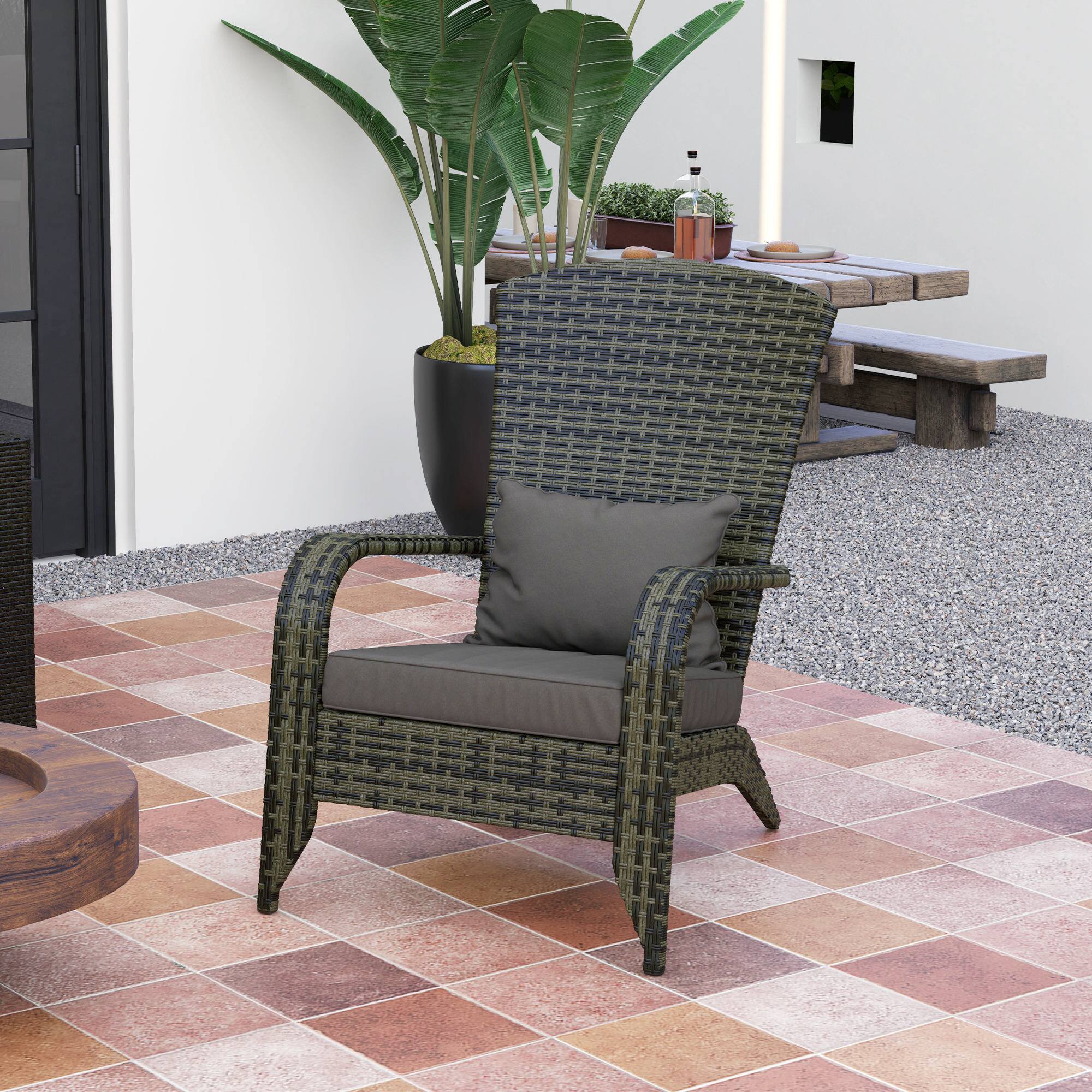 Alt View 7. Outsunny - Patio Wicker Adirondack Chair, Outdoor All-Weather Rattan Fire Pit Chair with Soft Cushions - Gray.