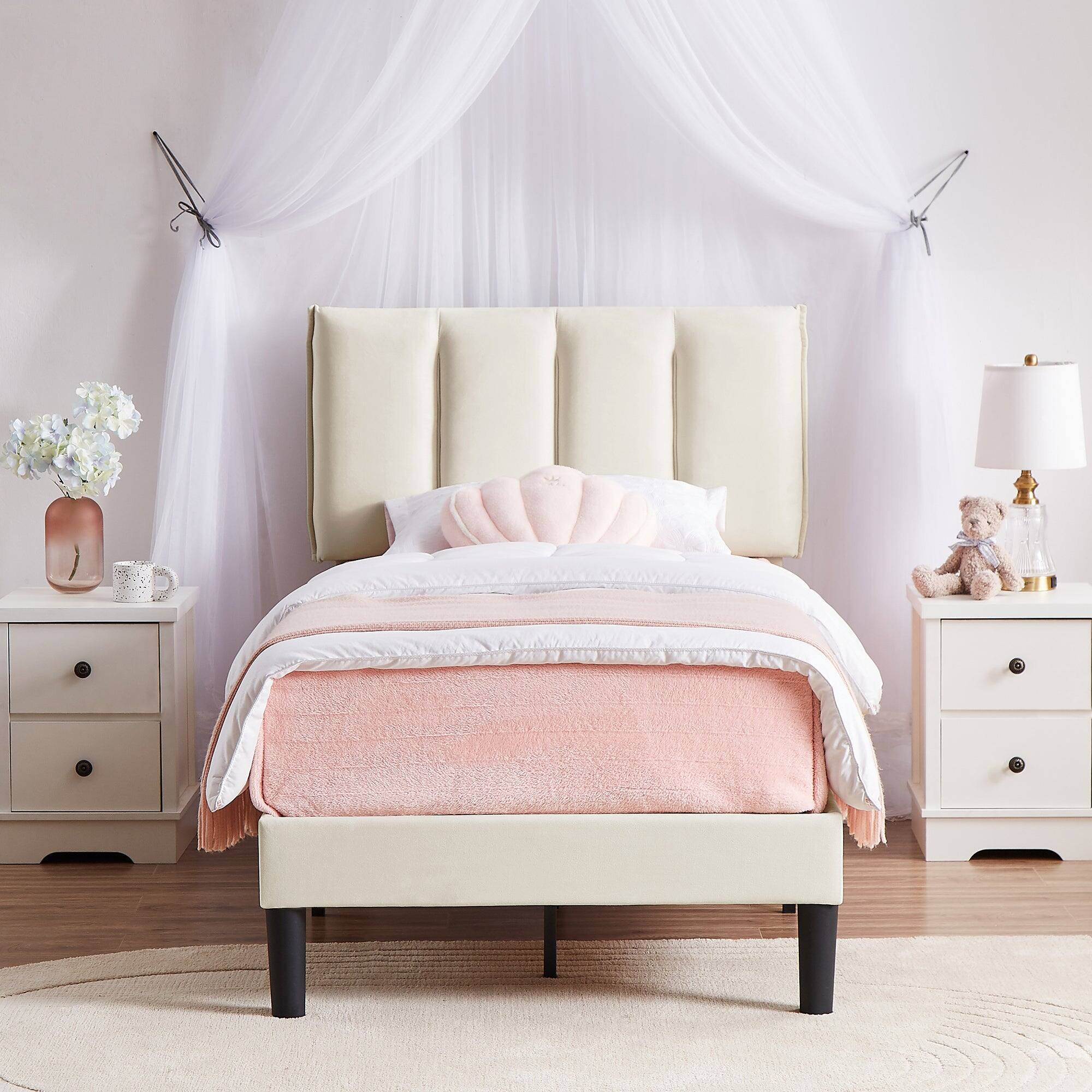 Alt View 2. Vecelo - Twin Upholstered Bed with Adjustable Headboard & 7.9" Underbed Storage - Quiet Slat Metal Platform Bed,Fabric Frame - Beige.