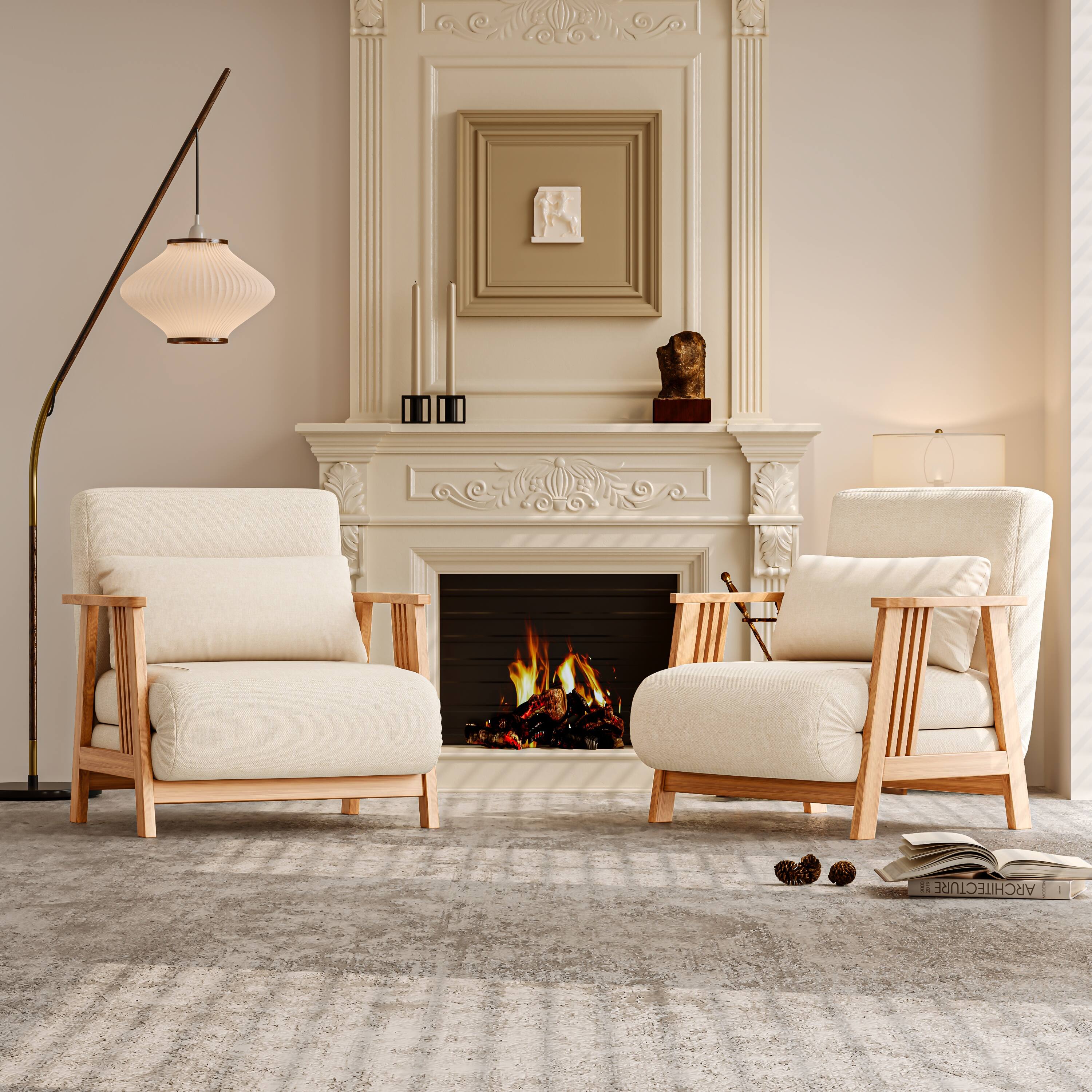 Front. MSOOB - Folding Chair Bed Set of 2, Modern Convertible Wooden Upholstered Armchair Recliner Sofa Bed for Bedroom Living Room - off white.